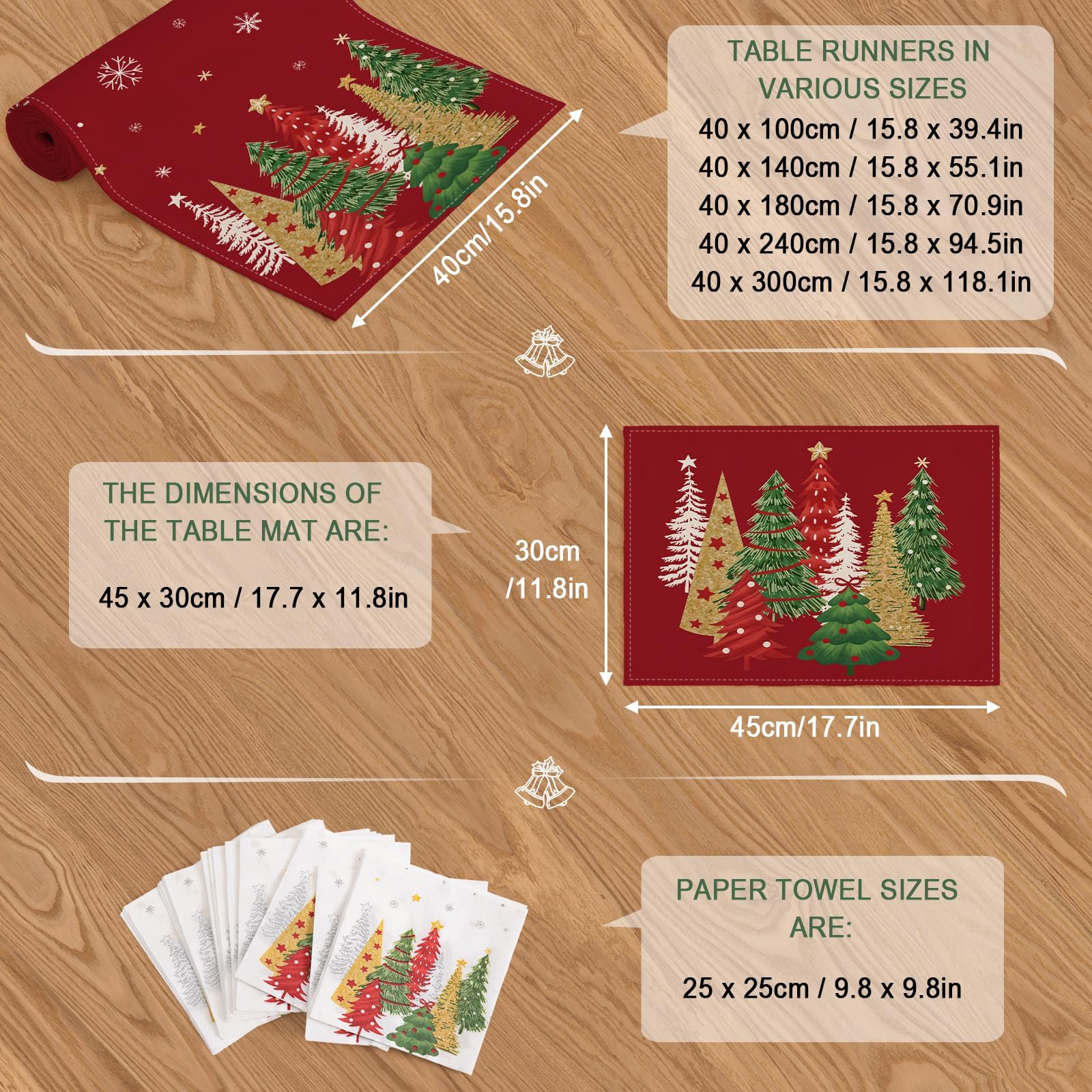 ZWJD Christmas Table Decoration Set, 1 x Table Runner (40 x 240 cm), 8 x Placemats & 2 x Pack of Paper Napkins (40 sheets) - Image 3