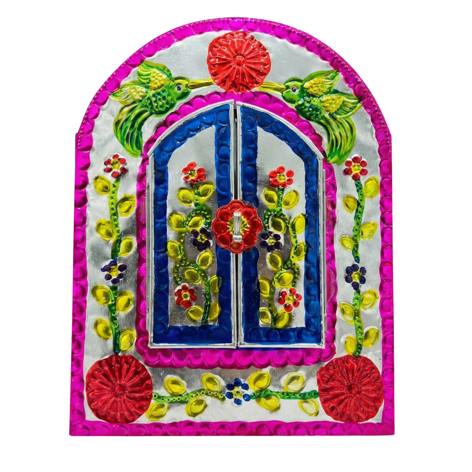 Embossed Tin Mirror Mexican Folk Art Wall Decor Handmade - with Stand 10.5" x 8" - Espejo Mexicano Con Puertas