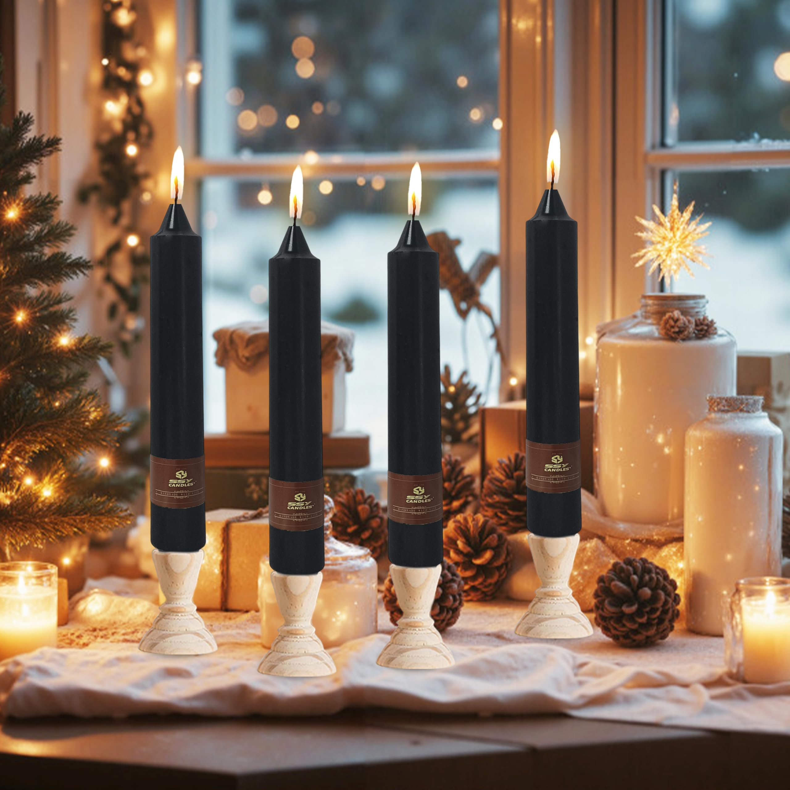 Confezione da 4 candele coniche nere per Halloween, versate a mano, 22,9 cm, non profumate, lunghe candele affusolate per decorazioni spettrali, case infestate e matrimoni gotici, combustione pulita