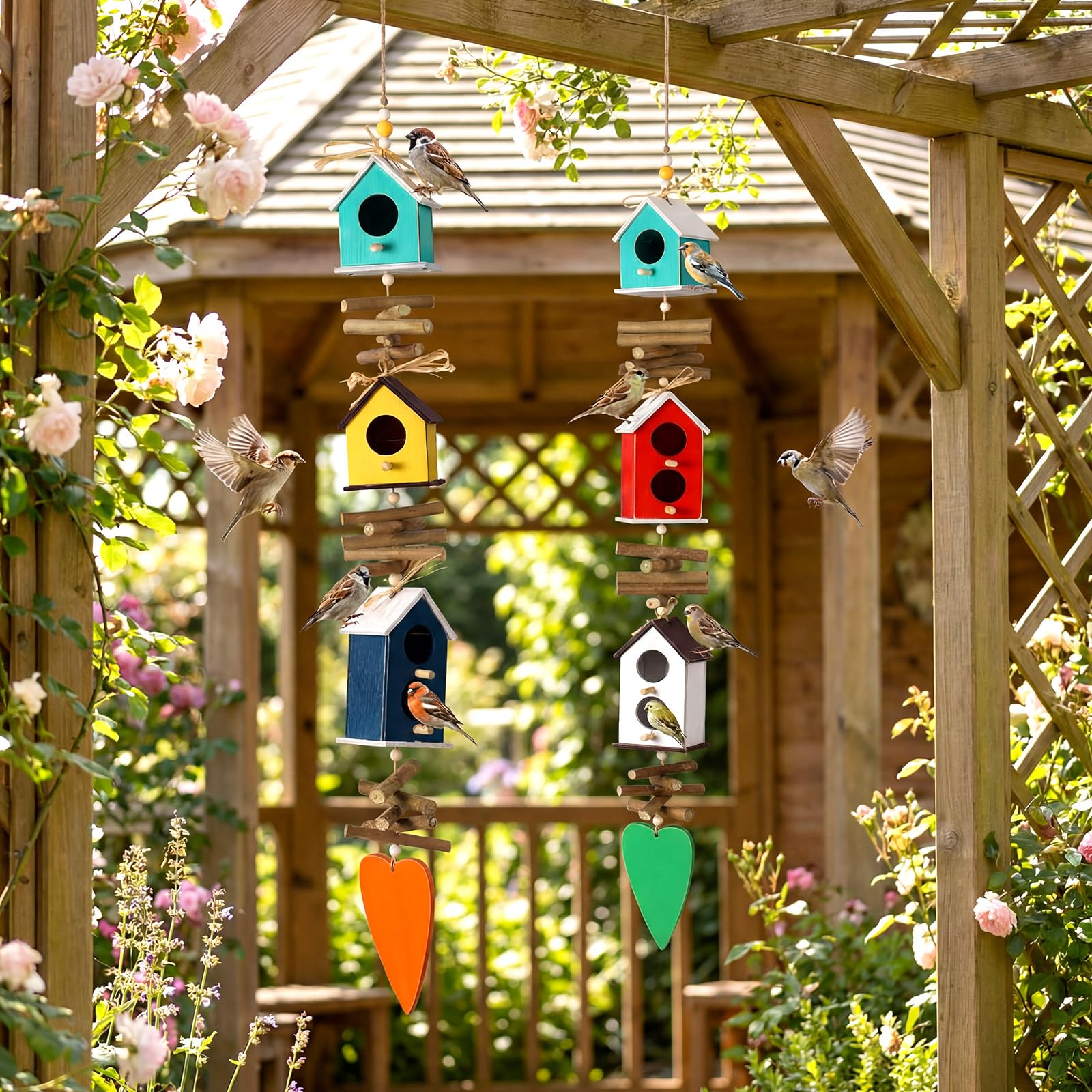 Potchen Paquete de 2 comederos colgantes coloridos para pájaros al aire libre, jardín, aldea, granja, comedero de madera para pájaros para casas de campo, granja, decoración de jardín al aire libre