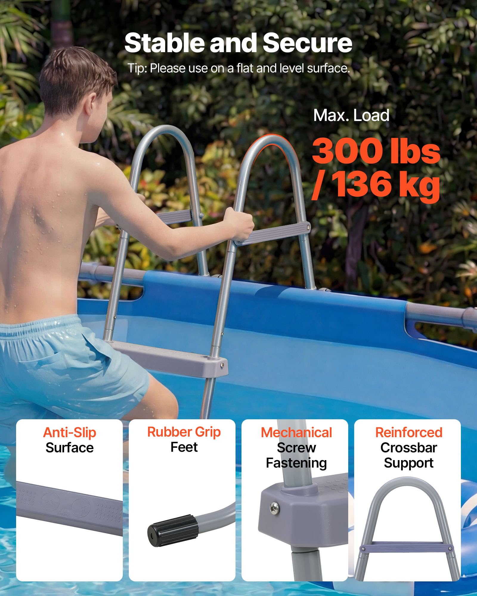 VEVOR Échelle de Piscine Hors Sol 132 cm Acier au Carbone 4 Marches PP Antidérapantes Capacité 136 kg Gris