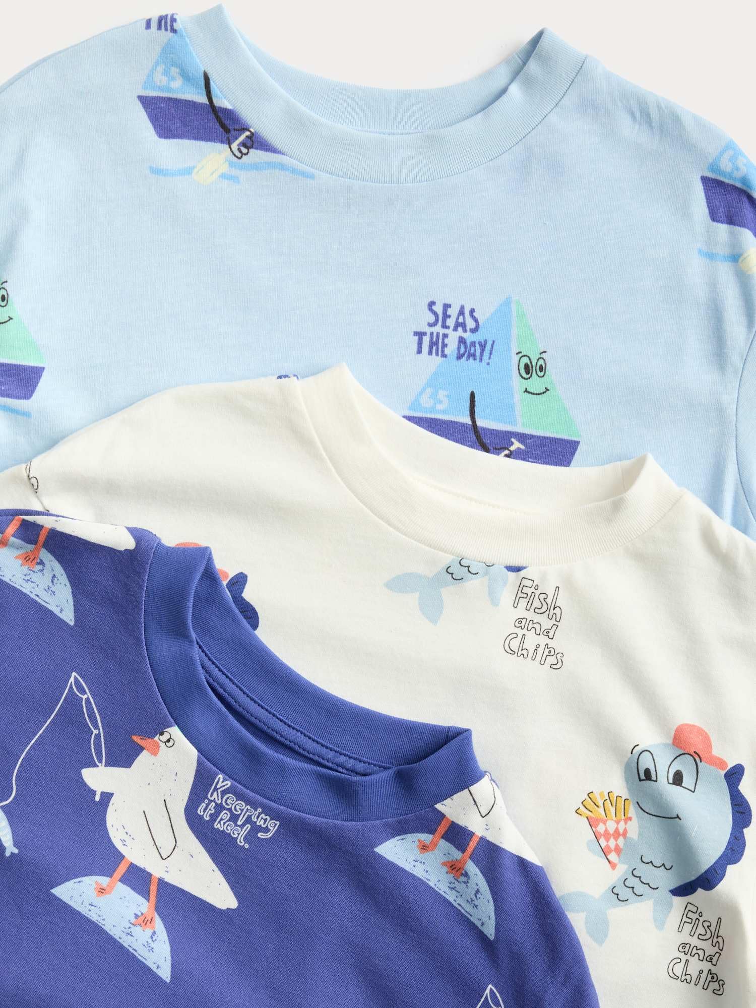 Marks & Spencer Conjuntos de Pijama Estampados de Algodón Puro para Niño y Niña Pack de 3, Ajuste Normal, Estampados de Playa