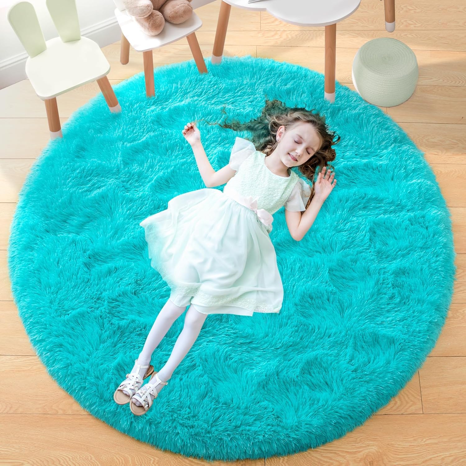 VASAC Luxury Shaggy Round Carpet 2x2 Feet Turquoise – Soft Fluffy Anti-Skid Washable Plush Rug, Modern Decorative Thick Floor Mat for Bedroom, Living Room, Kids Playroom, Study Room & Sofa Area 1