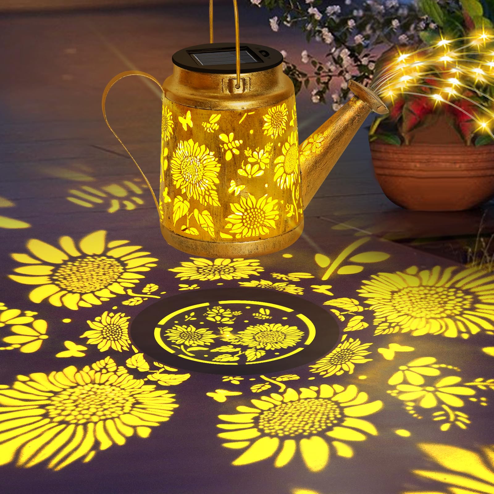 Luci solari per annaffiatoio per esterni, grande lanterna da appendere a forma di girasole con gancio da pastore, luci da giardino impermeabili per esterni, paesaggio, vialetto, cortile, regalo da