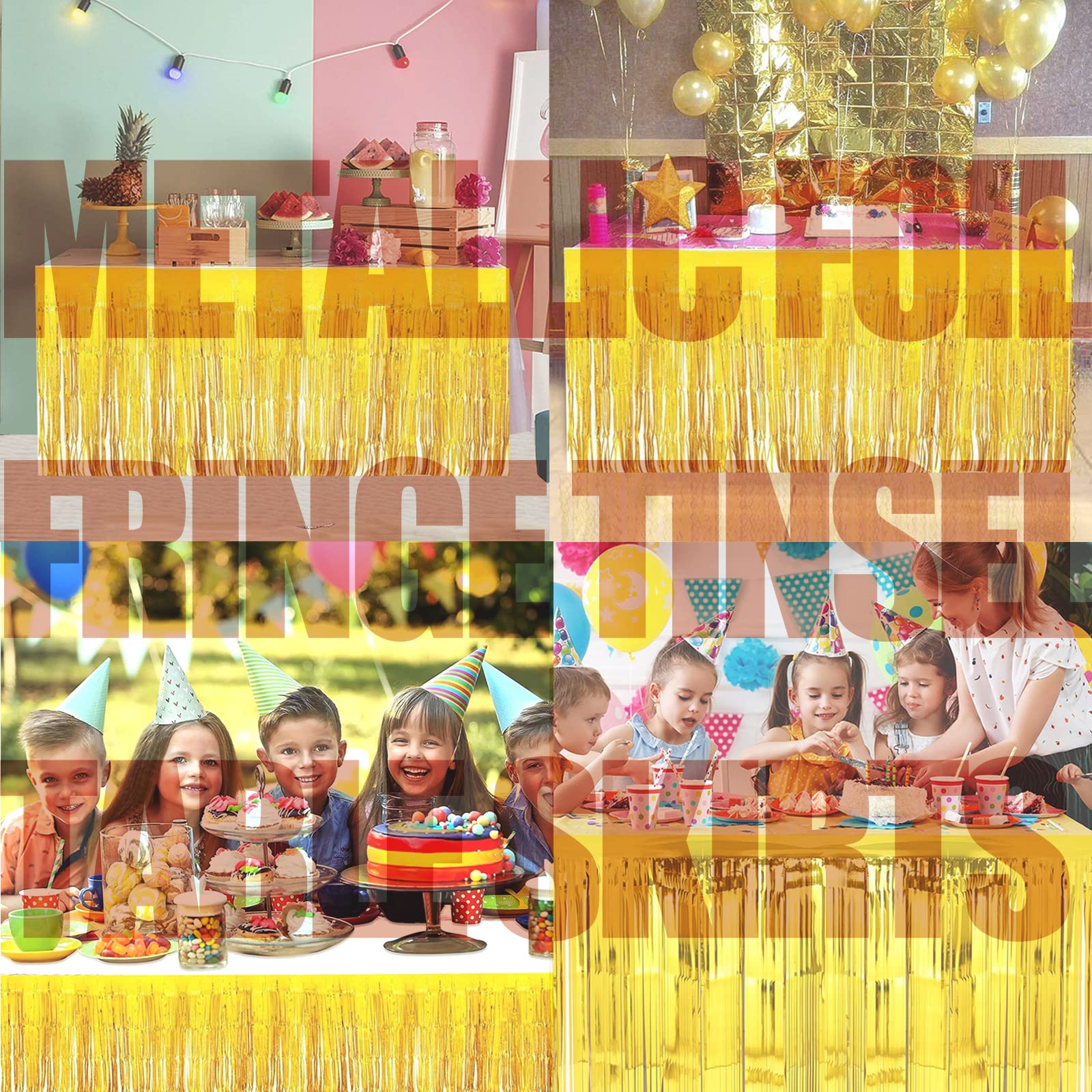 Confezione da 4 gonne da tavolo con frange metallizzate per tavolo rettangolare, tende da sfondo, per matrimoni, feste di compleanno, galleggianti da parata, tavoli da dessert, 73 x 274 cm,