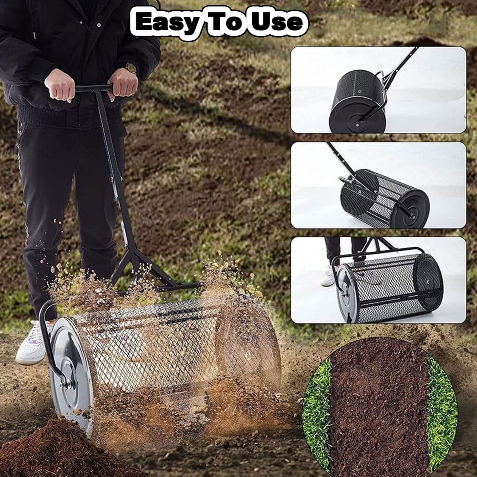 Épandeur De Compost Largeur 61 Cm Épandeur De Mousse De Tourbe Poignée Hauteur Réglable 62,5-67,5 Cm Panier En Maille D'Acier Loquets Latéraux Pour Épandre Fumier Terre Végétale Pelouse Jardin