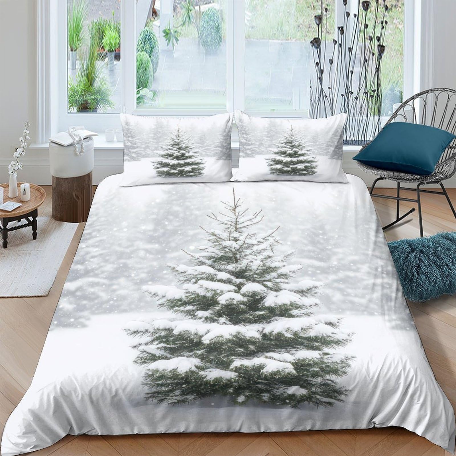 Ctjqhvkz Style-4 3D Printed Snowy Pine Tree Fitted Sheet Microfiber Soft White Winter Forest Bed Cover For Bedroom Dorm Decor Mattress Protection Single（135X200cm）