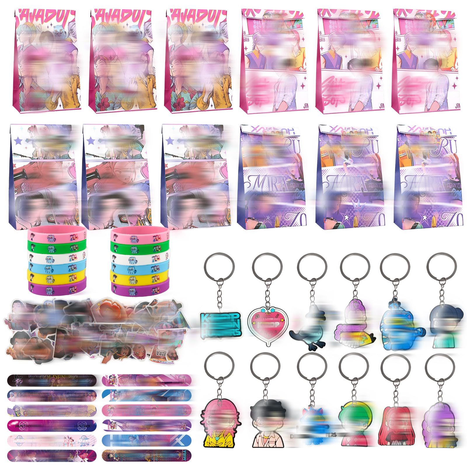 Hun-ters Party Bags 108 Pieces Hun-tri-x Children's Birthday Party Favours with Demon Birthday Bags Slap Bracelets Sticker Key Ring Give Aways Children's Birthday Party for Anime Fans