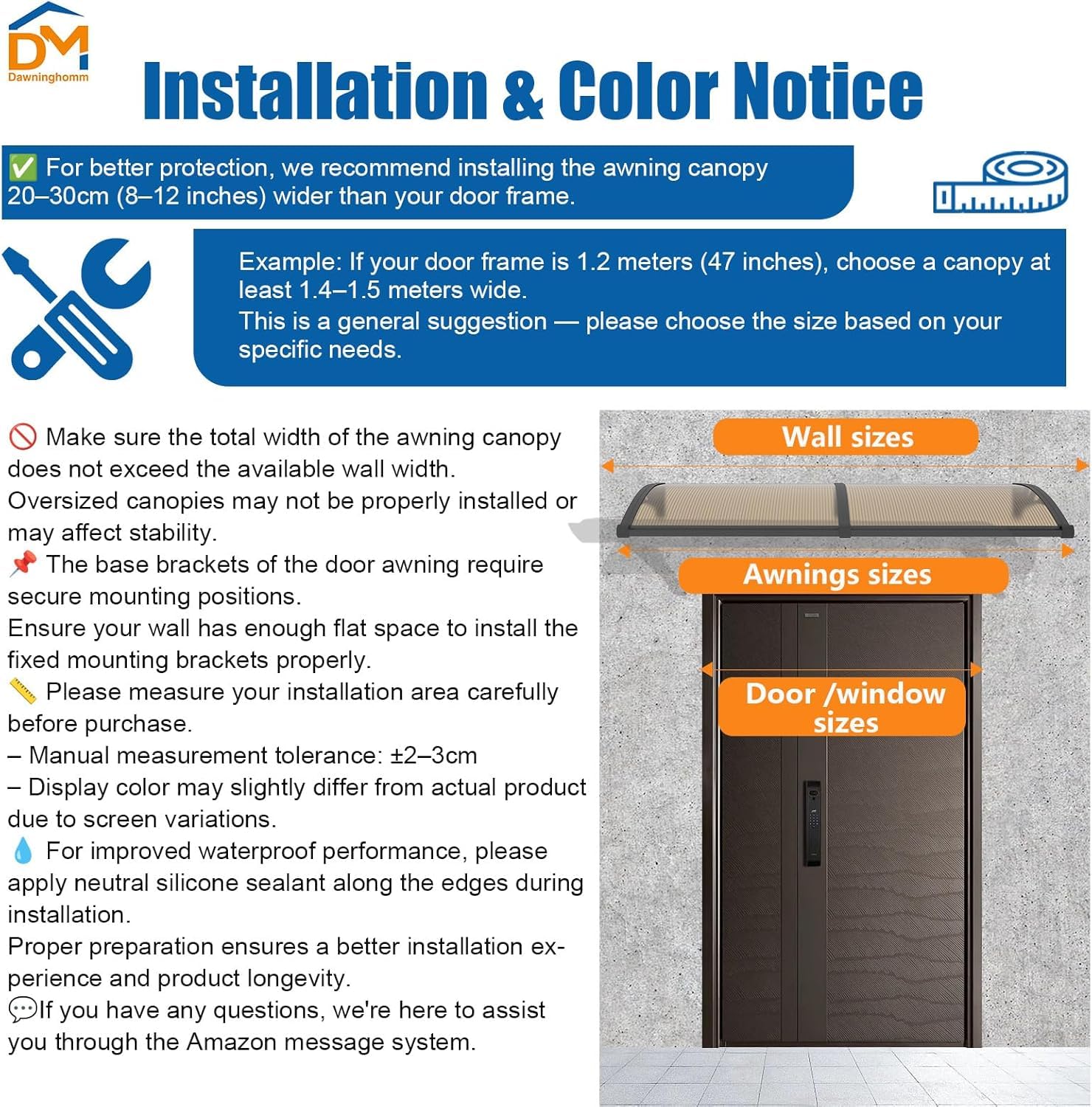 Marquesina Puerta Exterior 80 x 150 cm – Marquesina Exterior con Drenaje de Policarbonato y Soportes de ABS, Protección contra Lluvia, Nieve y Rayos UV para Puerta, Ventana y Terraza
