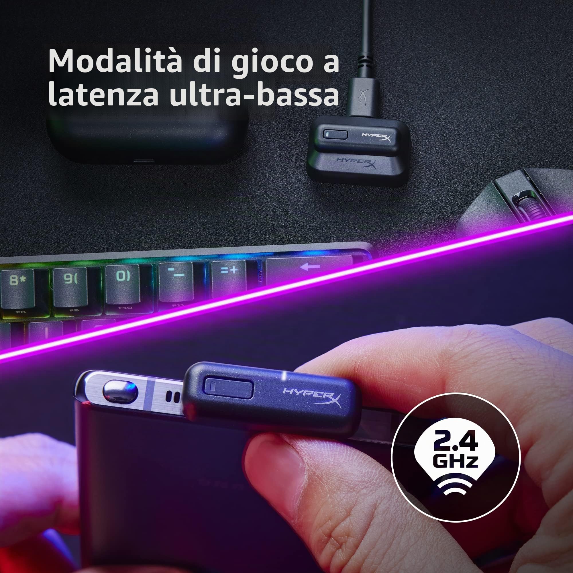 HyperX Cloud MIX Buds Auricolari, Connessione Senza Filo 2,4 GHz o Bluetooth 5.2, 3 Misure di Copriauricolari in Silicone, Microfono Integrato, Custodia di Ricarica, Fino a 33 Ore di Autonomia, Nero
