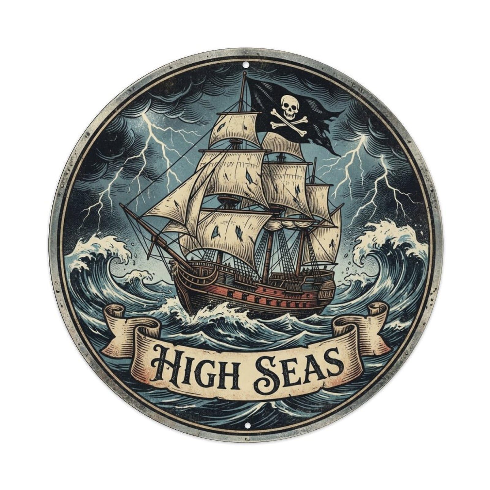 High Seas Pirate Ship Storm Lightning Black Flag Metal Tin Sign