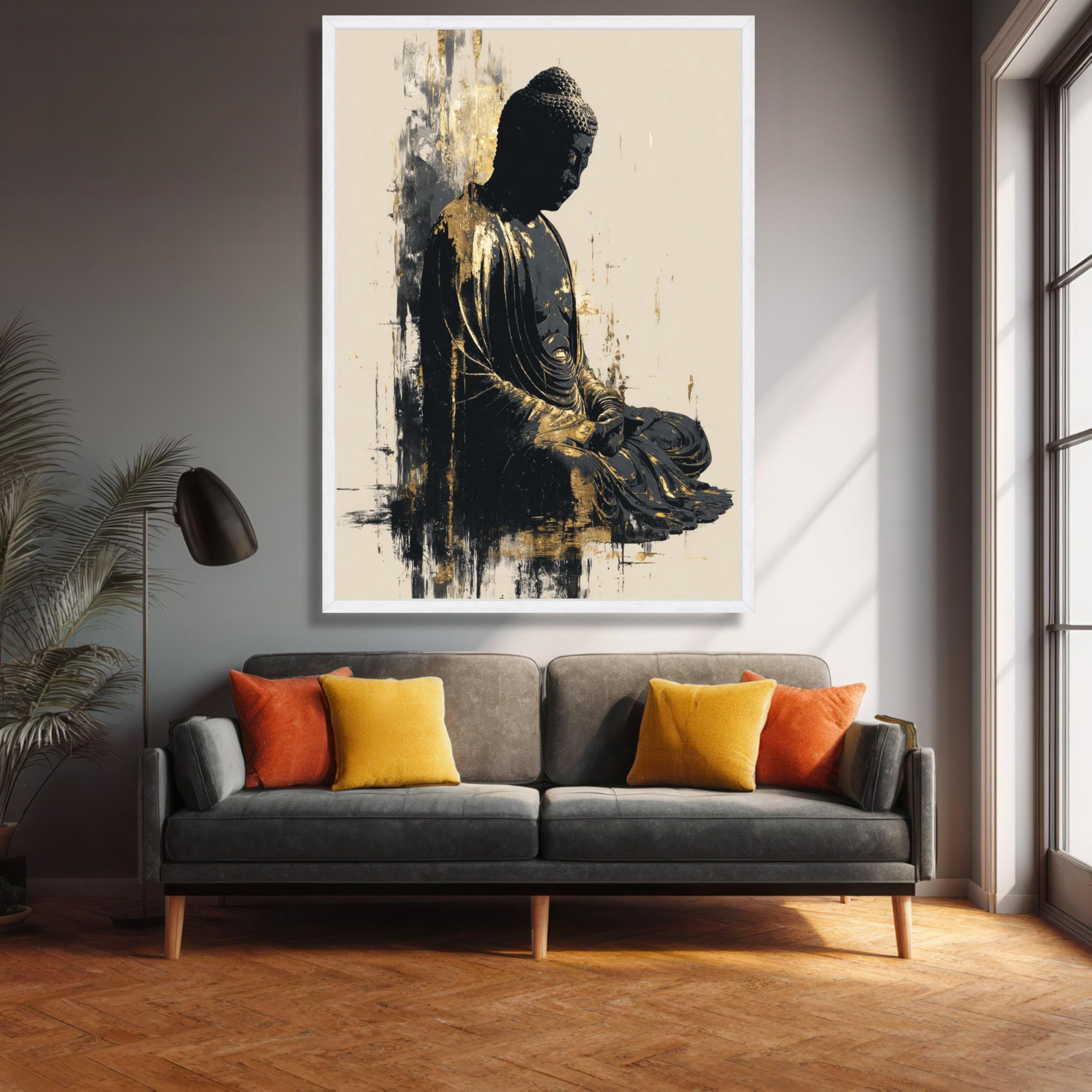 XINBAO Medytacyjny posąg Buddy na płótnie, złota i czerń, dekoracja ścienna, inspirowane zenem płótno, spokojny obraz Buddy (60 x 80 cm/wewnętrzna rama)