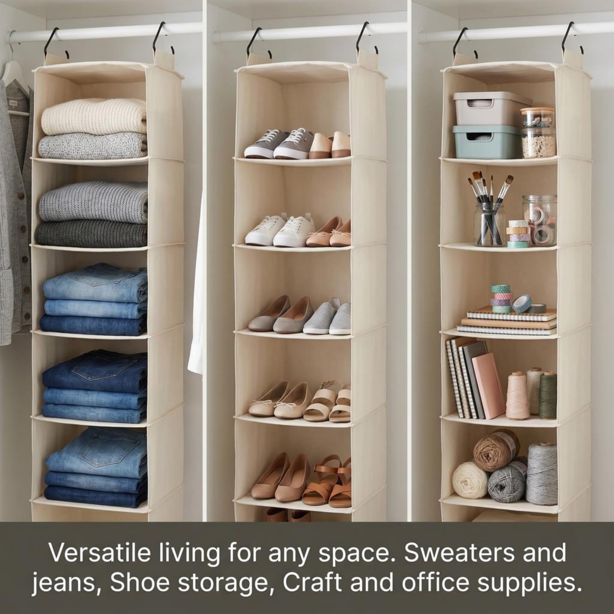 Household Essentials Cedarline 6-półkowy wiszący organizer do szafy, wytrzymałe płótno bawełniane, oddychające, uniwersalne, kompaktowe, idealne do szafek z prętami, naturalny