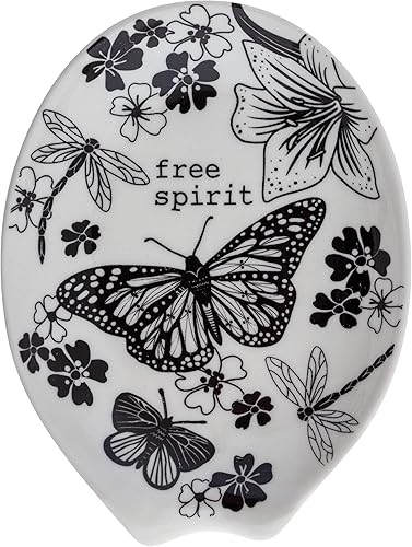 Karma, Soporte de cuchara bohemio, soporte de cuchara de cerámica blanco y negro, soporte de cuchara de cerámica para encimera, mariposa