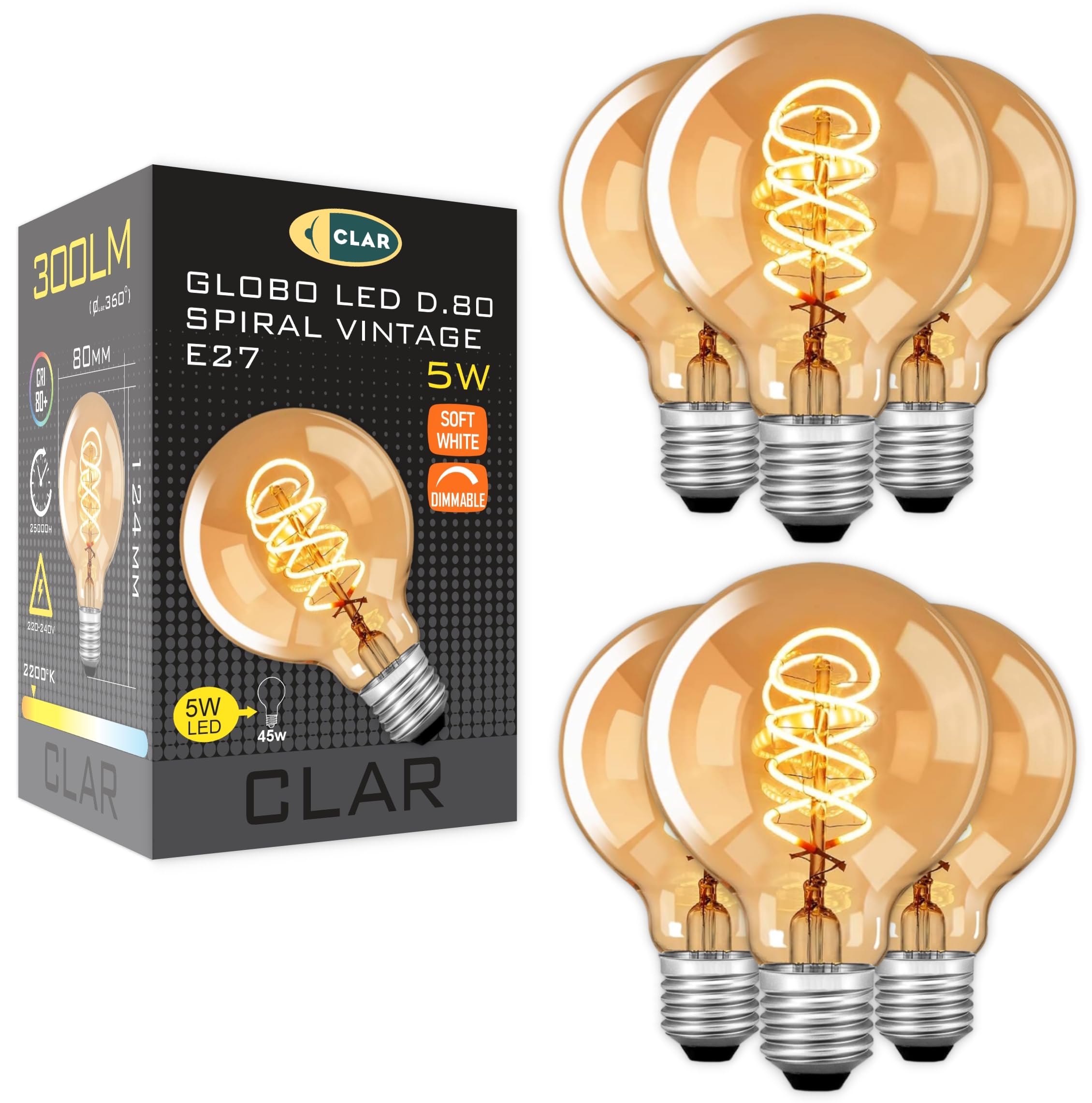 CLAR - Bombilla Vintage E27 Decorativa, Regulable en Intensidad, 5W 2200K (Pack 6)