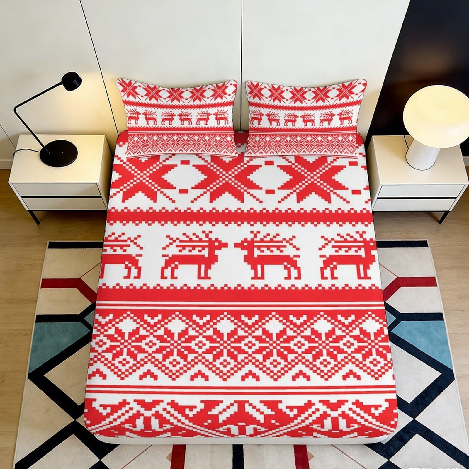 3D Printed Nordic Reindeer Fitted Sheet Microfiber Red White Snowflake Mattress Cover for Bedroom Guest Room Decor 90x200x25cm