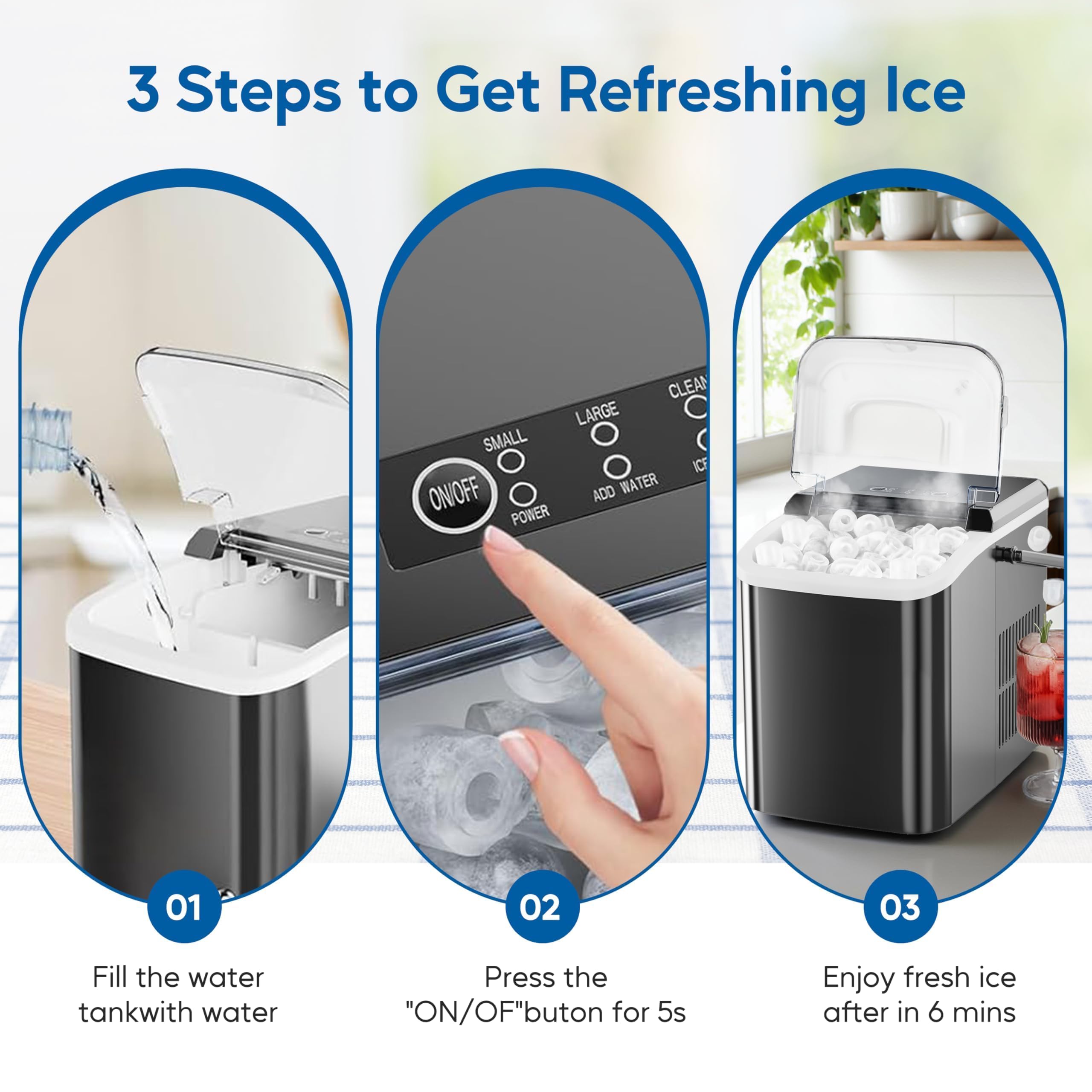 Simple Deluxe Portable Countertop Ice Maker Machine, Makes 9 Bullet Ice Cubes In 6 Minutes, 26.5lbs Daily Output, Self-Cleaning With Scoop, Basket & Handle For Office, Party & Kitchen, Black on Fridge.com - View 3
