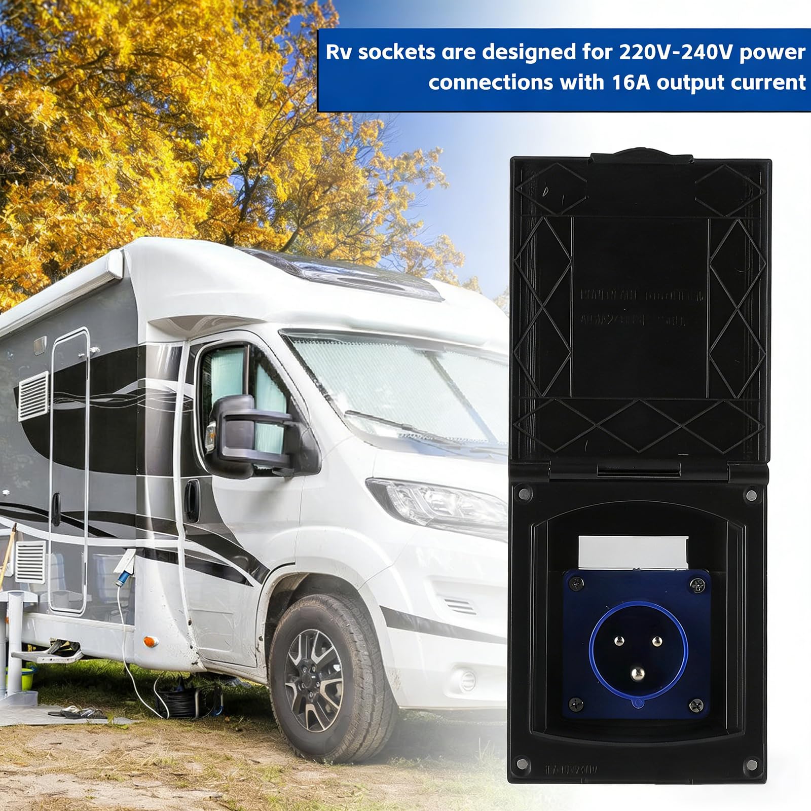 BORDEAG Presa CEE, presa di alimentazione da campeggio, 16 A, IP44, 220 V-240 V, con coperchio ribaltabile, spina di collegamento, roulotte, presa esterna per camper, roulotte, rimorchi