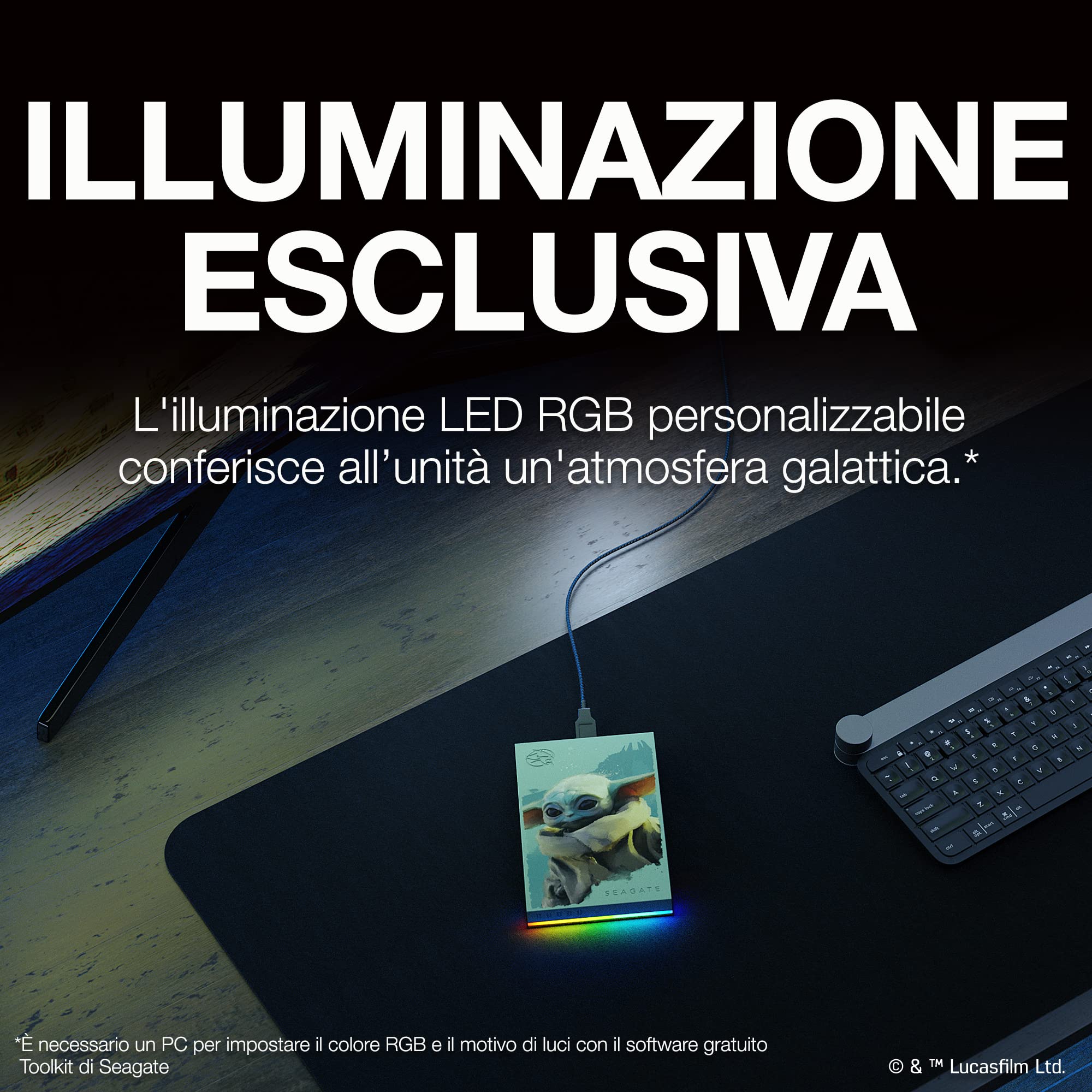 Seagate FireCuda 2TB disco rigido esterno portatile, compatibile con PS4, PS5, Xbox One/Series, PC, Star Wars Edition Grogu, USB 3.2, 3 anni di Rescue Services (STKL2000404)