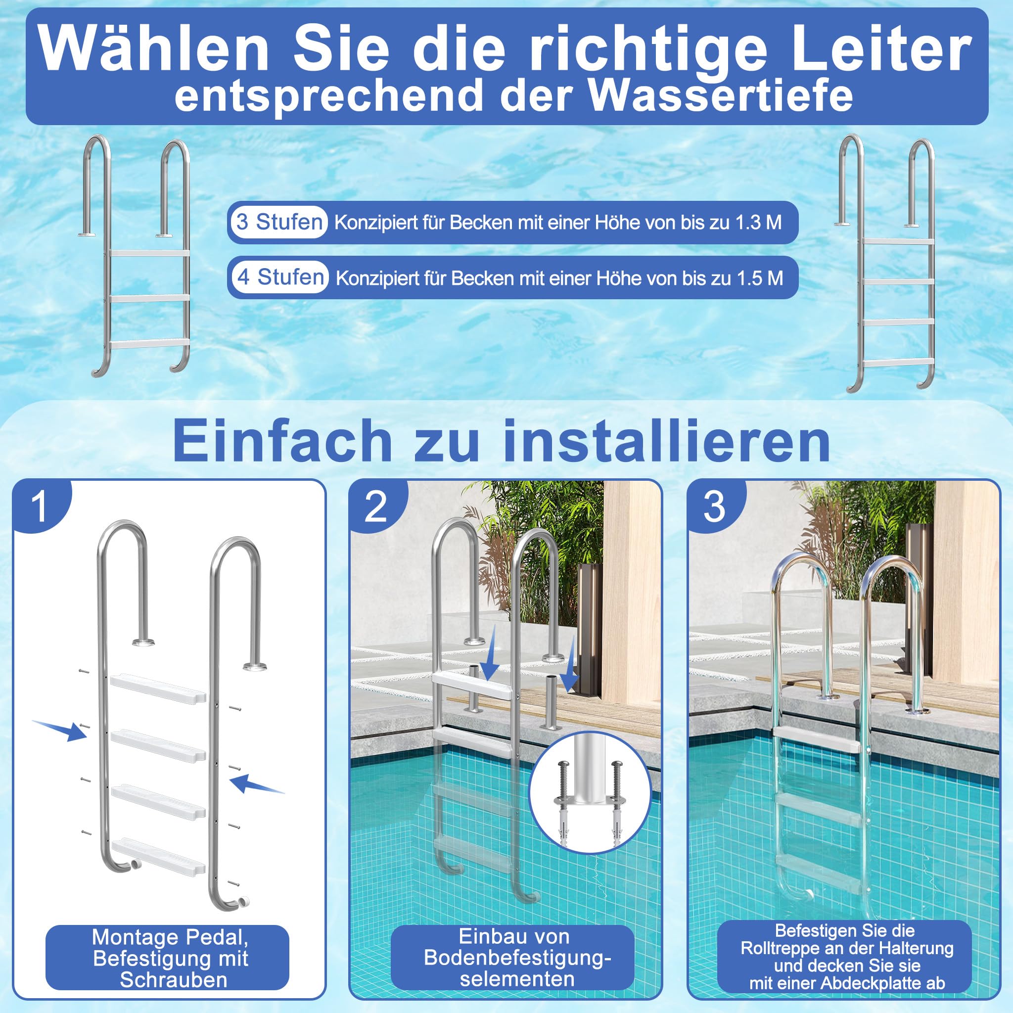 YRHome 3 Stufen Poolleiter Aus 304 Edelstahl rutschfest ABS Trittstufen Bis 150 kg Traglast,Schwimmbadleiter für Gartenpool Einbaupool Geeignet bis 130 cm Beckentiefe