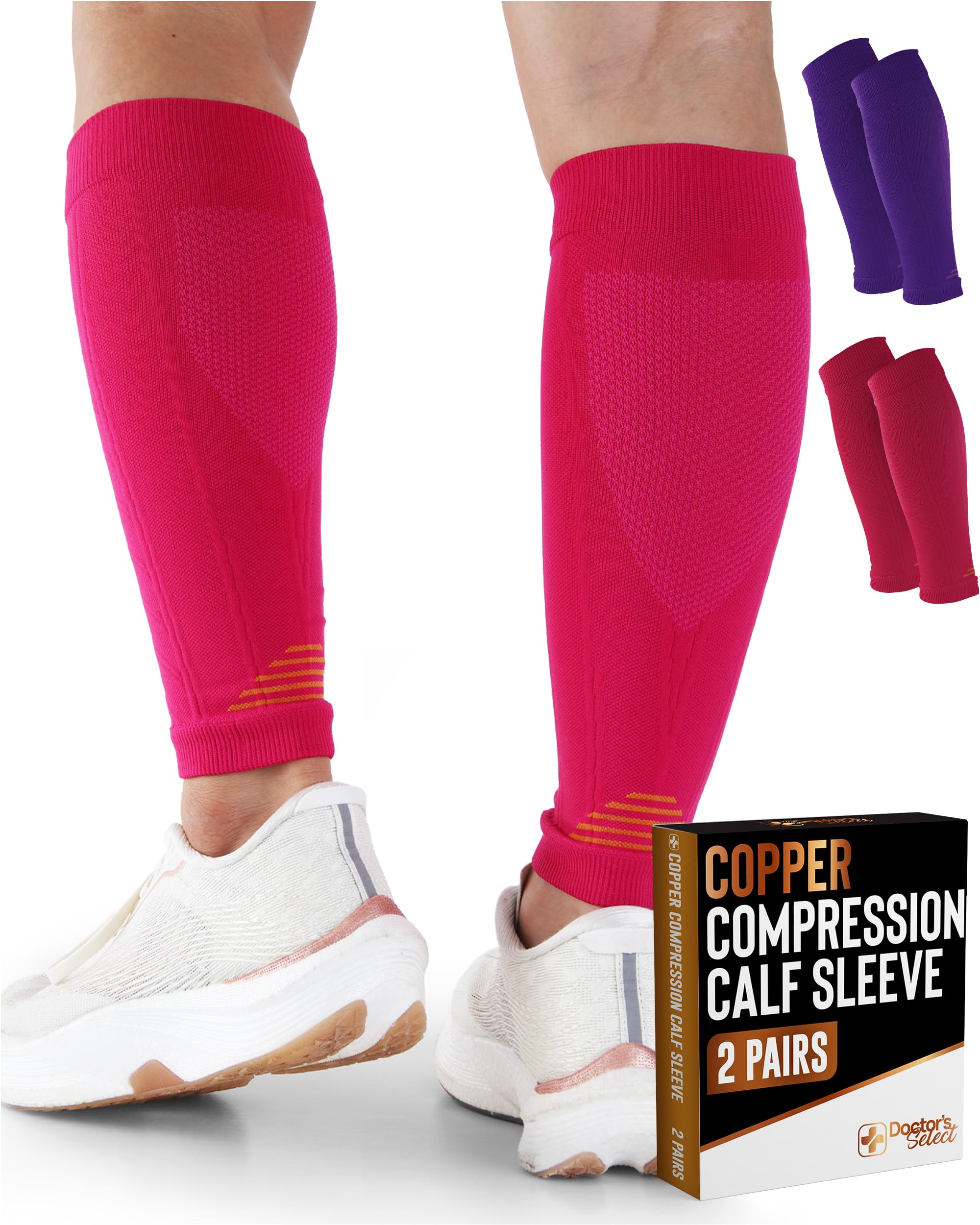 Doctor's Select 2 Pairs Copper Calf Compression Sleeve - Leg Compression Sleeves for Women &amp; Men, Shin Splint Relief