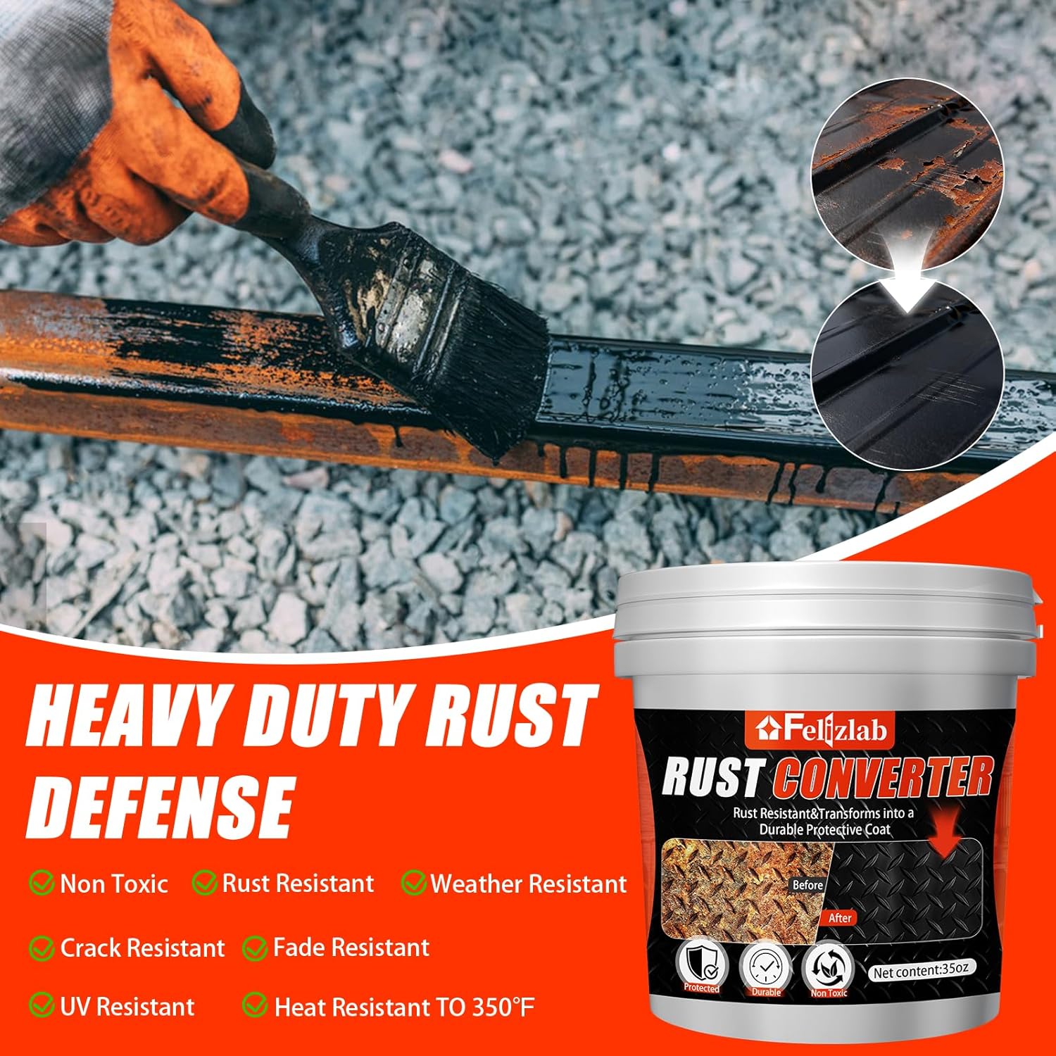 2-in-1 Rust Converter & Metal Primer, 35 Floz Automotive Rust Remover Paint for Metal,UV Resistant Anti Rust Reformer& Inhibitor, Long-Lasting Heat Resistance Coating,Industrial Grade Water Based