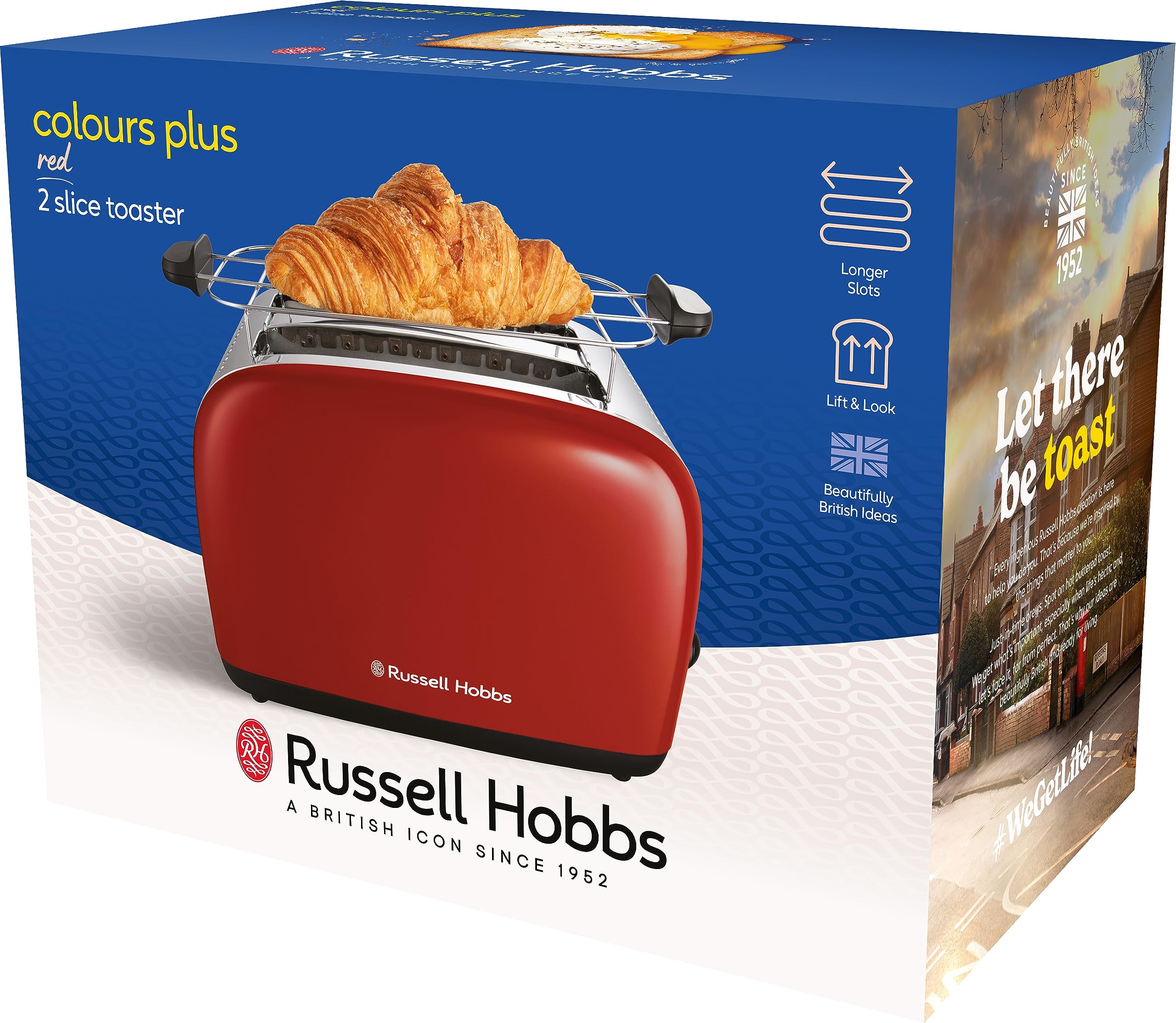 Russell Hobbs Tostadora Colours Plus, 2 Ranuras Cortas y Anchas, Tostador para 2 Rebanadas, Bandeja Recogemigas, Calientapanecillos, Función Cancelar y Descongelar, Acero Inoxidable, Rojo, 26554-56
