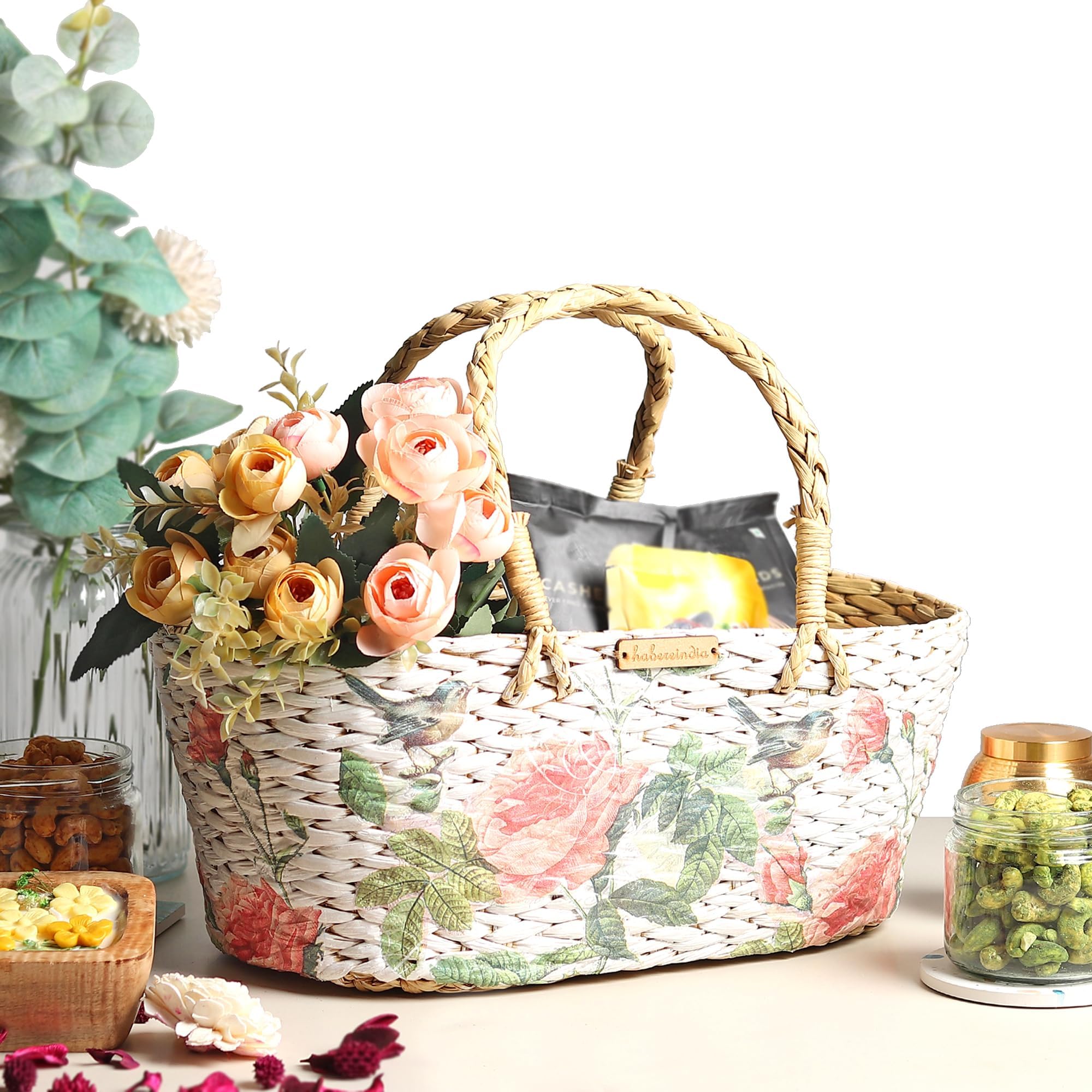 Habere India-All the Cultures Fabricating India Wicker Hamper Basket | Bamboo Basket | Cane Gift Hamper Baskets | Seagrass Shelf Organiser | Decorative Fruit Baskets (Design 17; L33 x W19 x H15 cm)