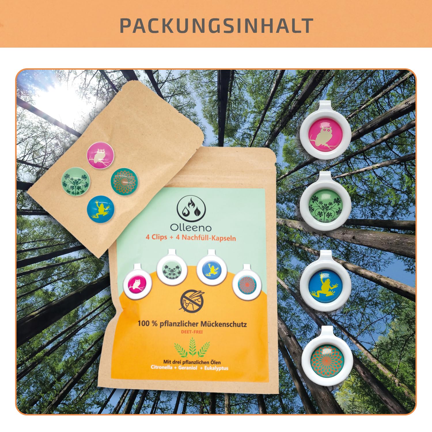 OLLEENO® Mückenschutz Clip – Natürlicher Moskito- & Insektenschutz (4 Clips + 4 Refill-Kapseln) | DEET-frei, langer Schutz, Ideal für Outdoor, Camping, Reisen, Sport | Wiederverwendbar & 100% recycelt