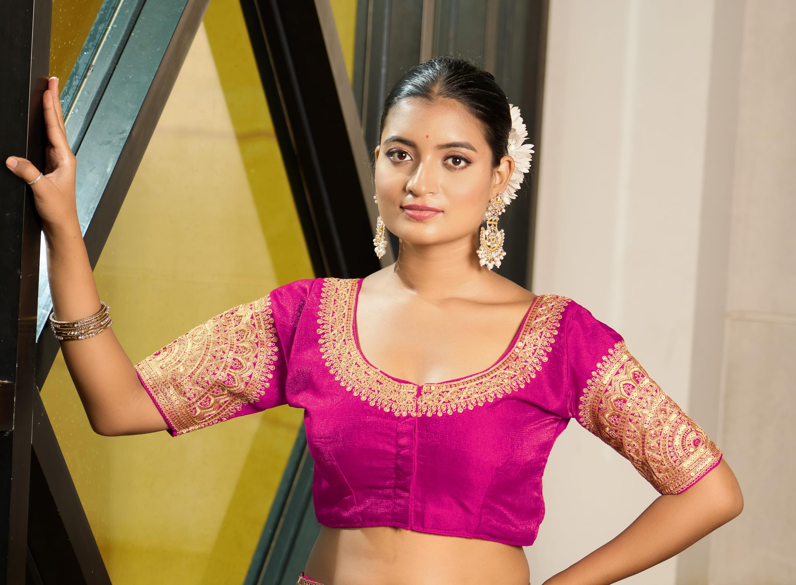 Pujia Mills Women's Readymade Blouse Embroidery Multi Coding Dull Golden Sequence Work Indian Ethnic Designer Stitched Readymade Saree Half Sleeve Pink Blouse For Women For Saree Lehenga Choli