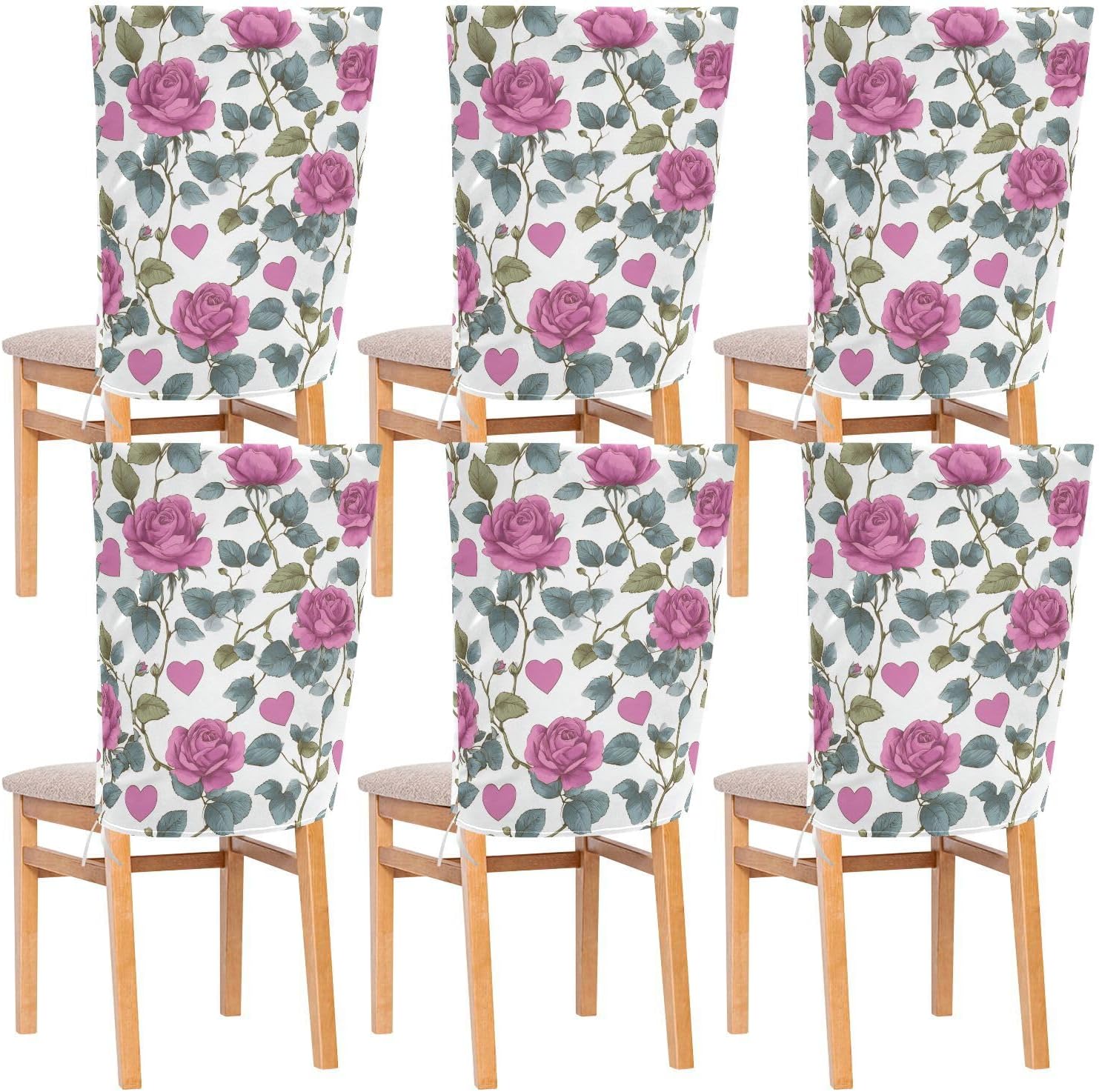 ALAZA Pink Floral Roses Hearts Chair Back Cover Set of 6, Washable Reusable Removable Chair Slipcovers Decorative Chair Cover for Home Kitchen Wedding Party