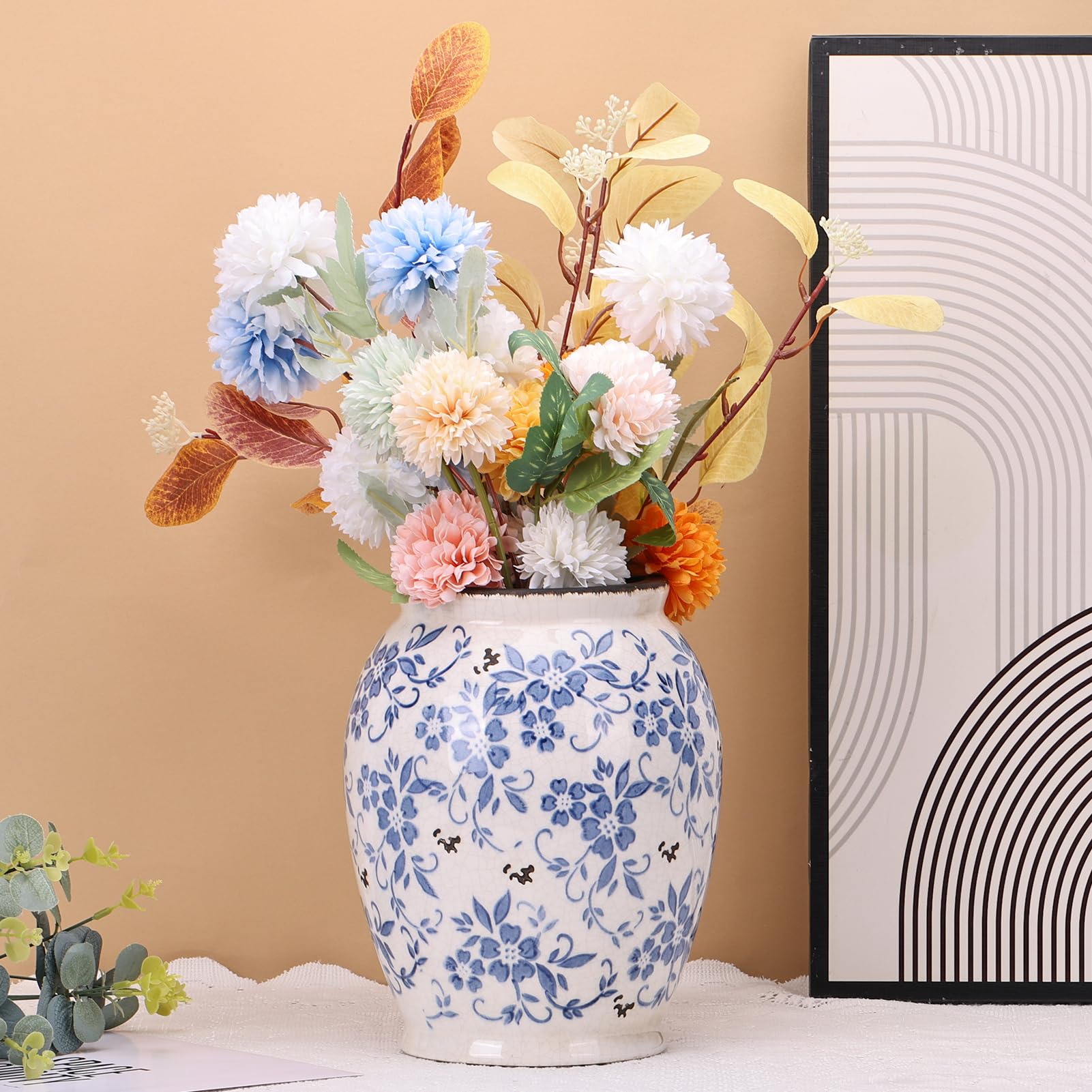 orenm Vase Keramik Blau Weiß – Deko Vase Vintage, Porzellan Große Vase für Wohnzimmer Tischdeko,Esstisch & Fensterbank 23.5cm Höhe