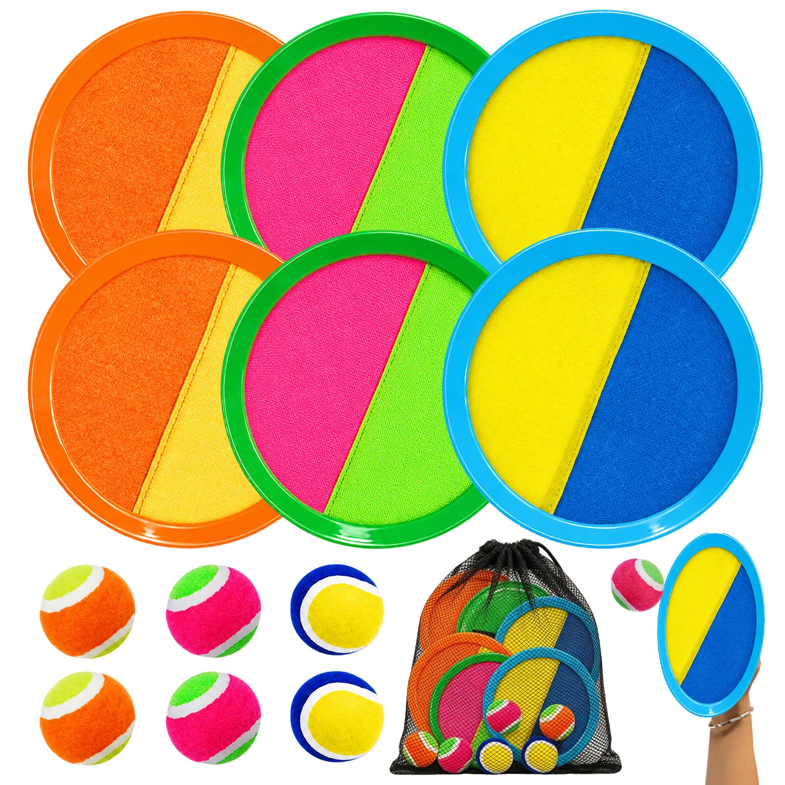 Toss and Catch Ball Game Outdoor Toys for Kids, Beach Toys with 6 Paddles 6 Balls, Sticky Catch Game Set with Storage Bag, Garden Lawn Pool Family Games for Kids Adults (6-Color)