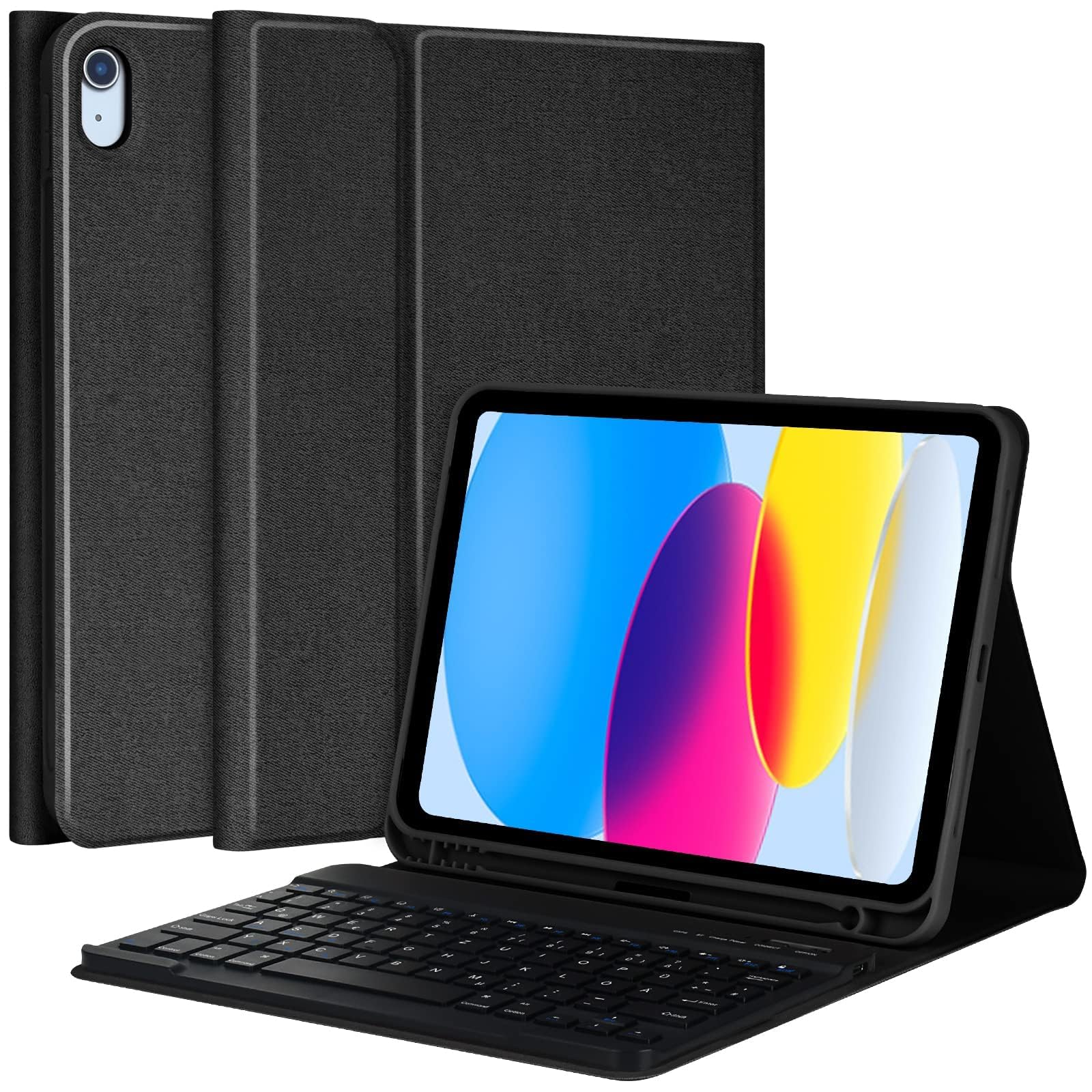 aMZCaSE Funda de teclado para iPad de 10ª 2022/A16 de 11ª generación 2025 (10.9/11 pulgadas), 7 colores retroiluminados, desmontable, con teclado Bluetooth inalámbrico recargable, soporte para lápices