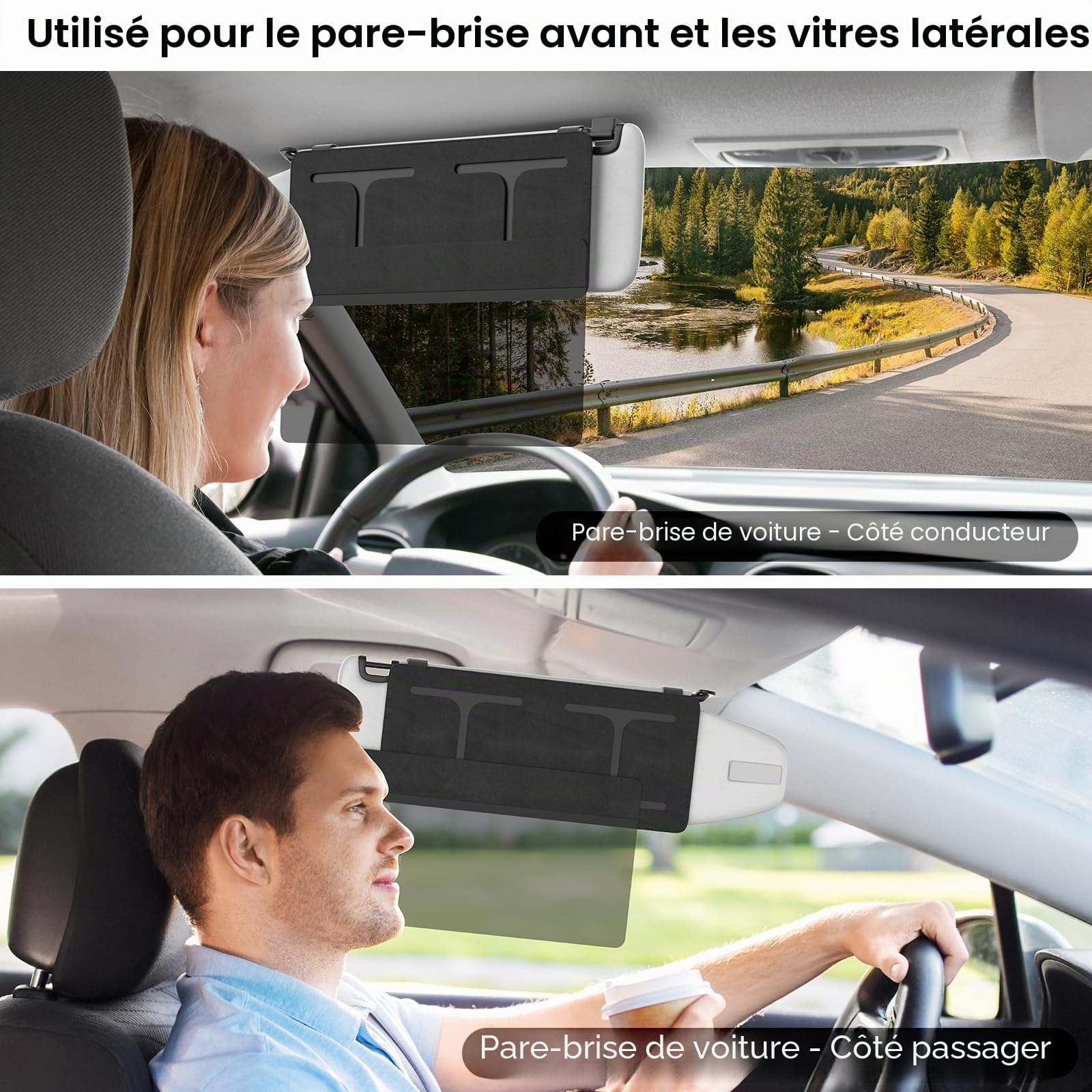 Rallonge Pare Soleil Voiture, Réglable Extension Pare-Soleil Accessoire Voiture Interieur Pare Brise Avant, Anti-éblouissement, Protection UV et Solaire pour Siège Conducteur ou Passager Avant, Noir