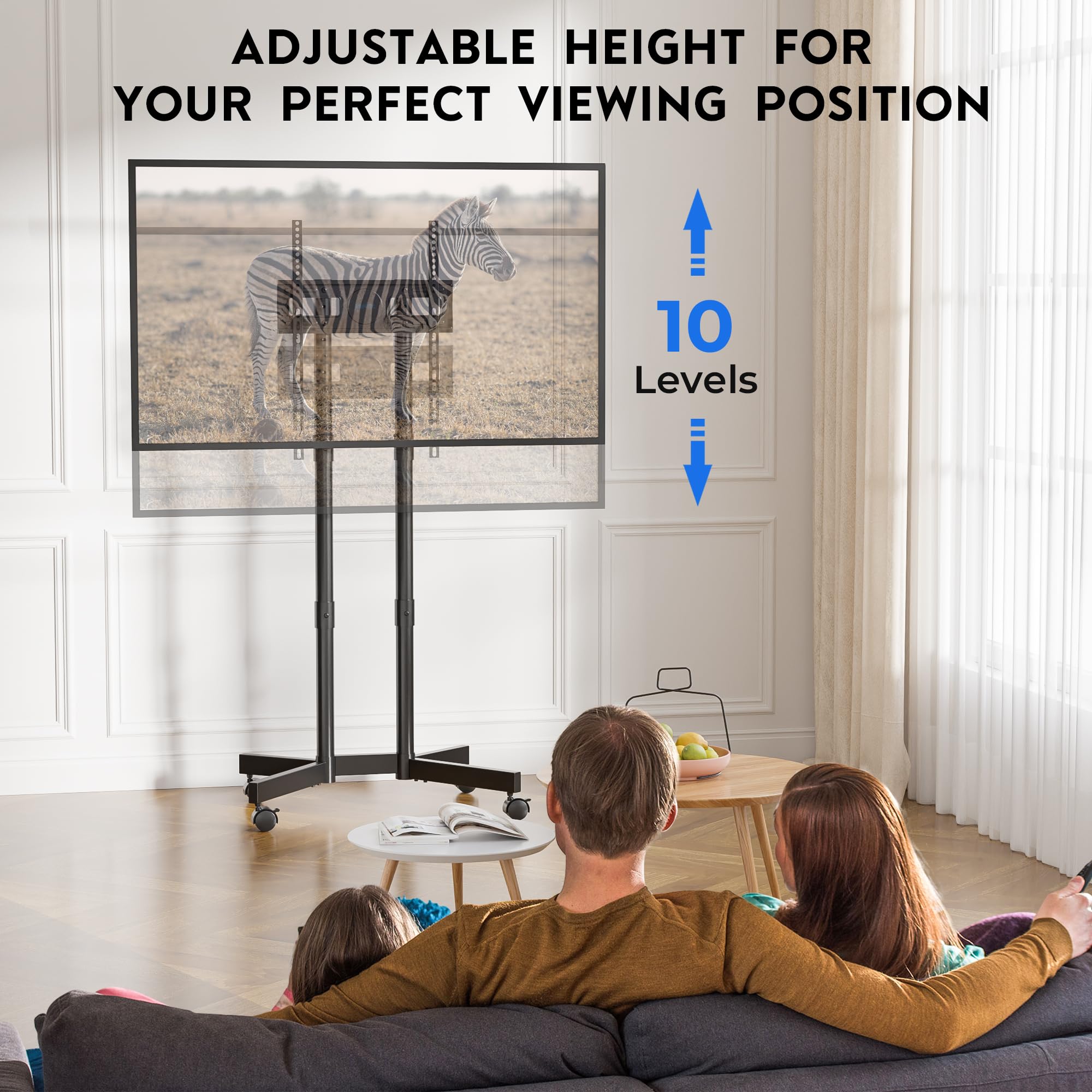 BONTEC TV Ständer Rollbar für 32-70 Zoll, TV Stand with Wheels, Höhenverstellbar, Fernsehständer mit Rollen und Kabelmanagement, Max. VESA 400x400mm, 50kg, Schwarz