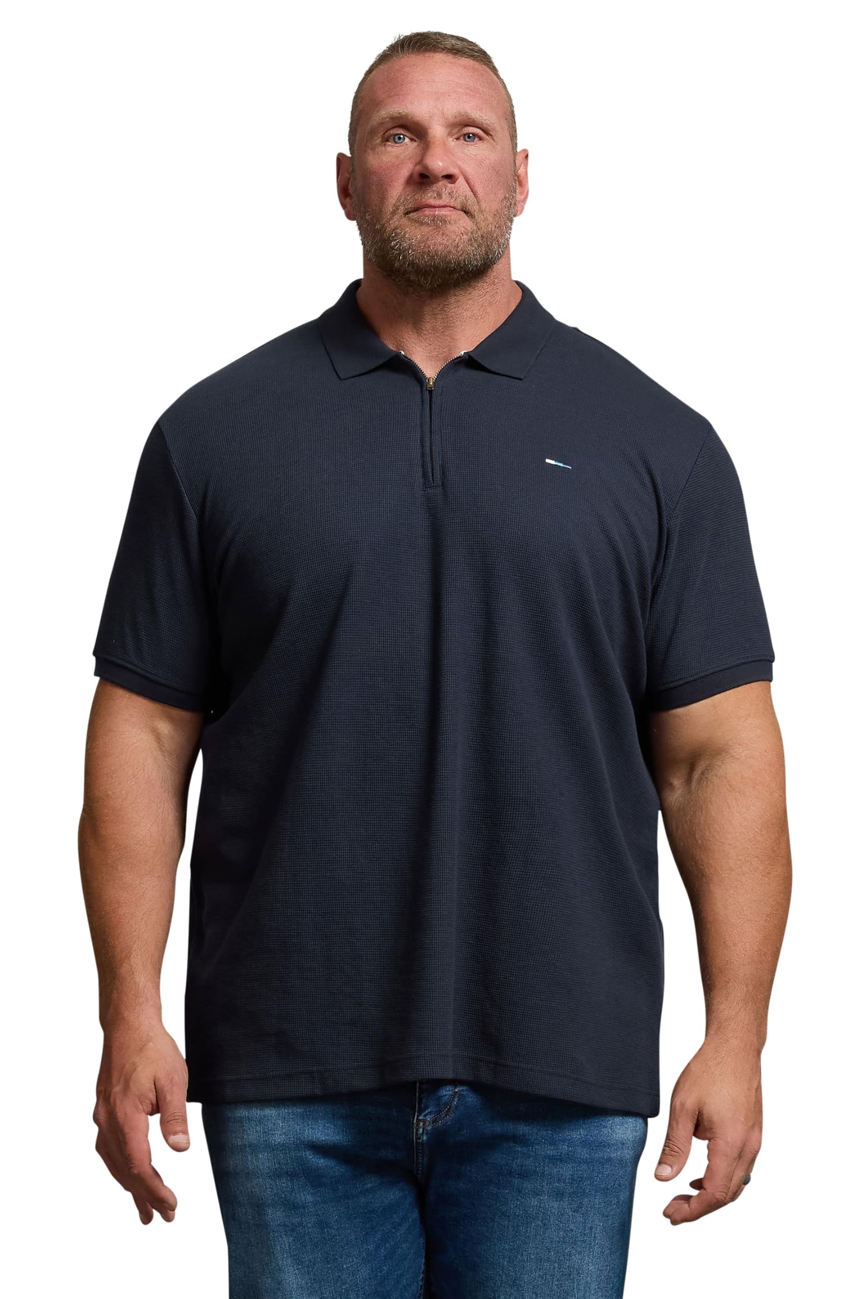 BadRhino Big & Tall Blue Waffle Texture Zip Polo Shirt - Men's - Plus Size Curve