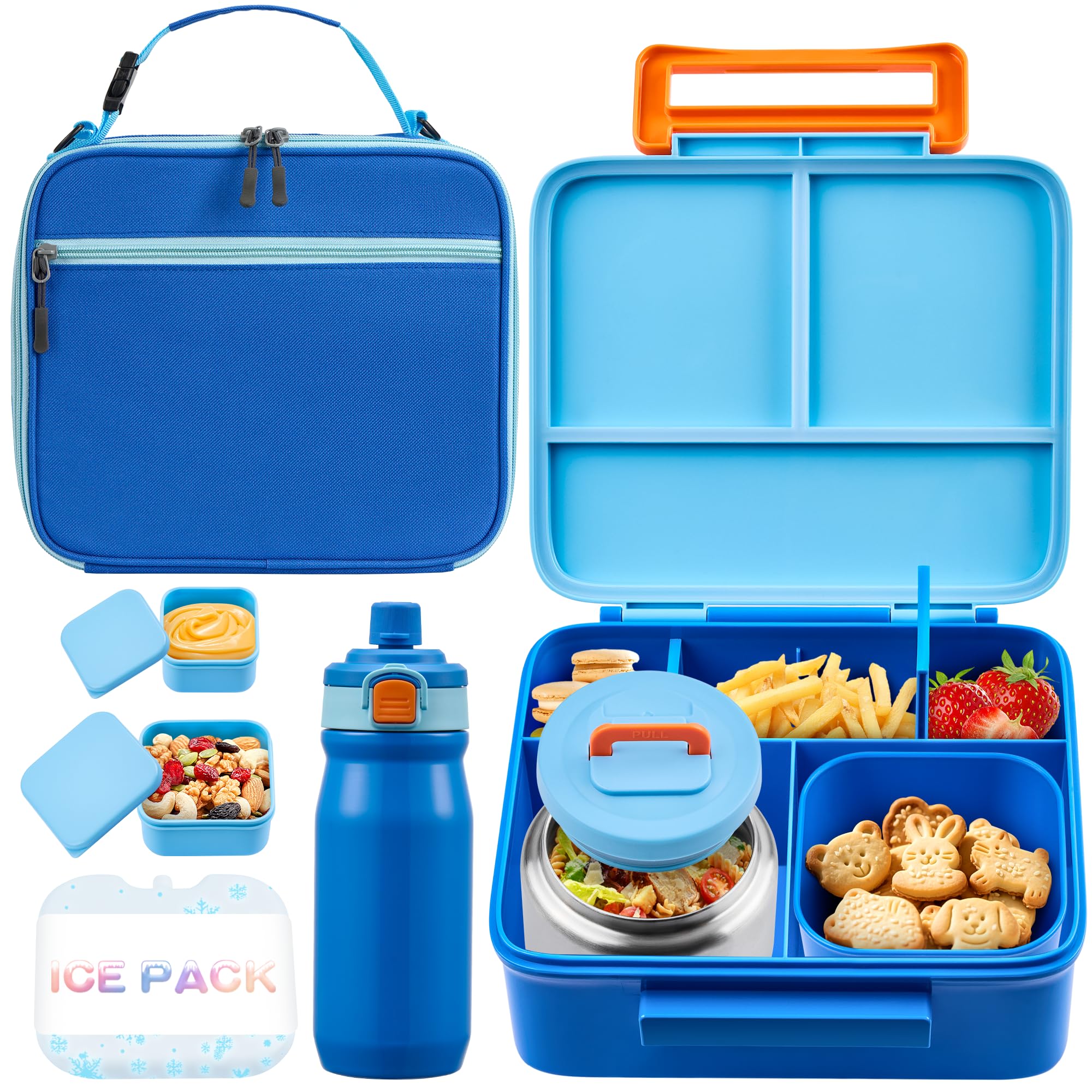 Bento Lunch Box for Kids with Thermos, Leakproof Bento Box with 8oz Insulated Food Jar, Insulated Bottle, Lunch Bag, BPA Free Dishwasher Safe 4 Compartment Container for School Girls Boys (Blue)