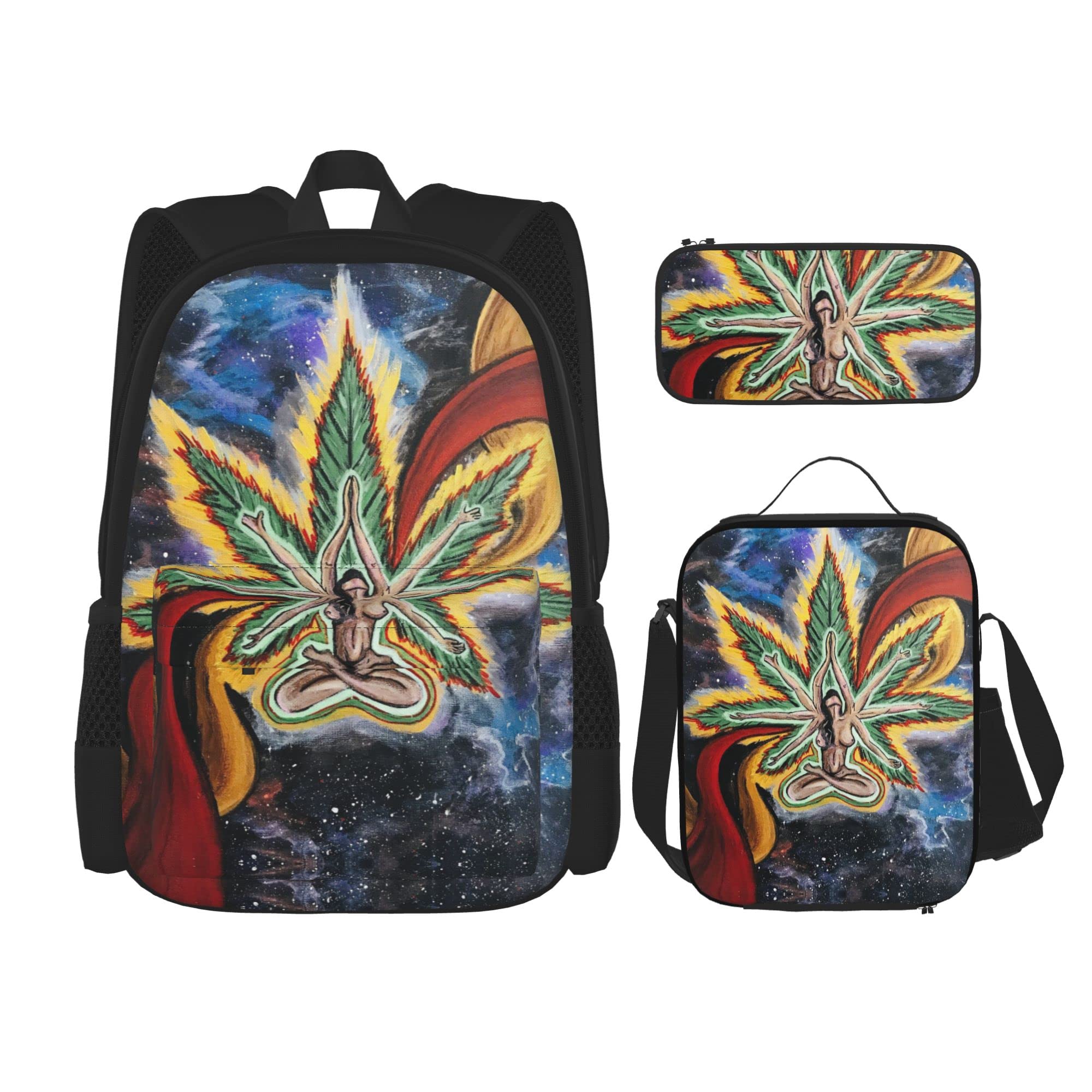 Backpack Sets 3 Piece School Bag Students Teens (Beauty Psychedelic Multi colorLeaf Weed) Book Bag+Lunch Bag+Pencil Case