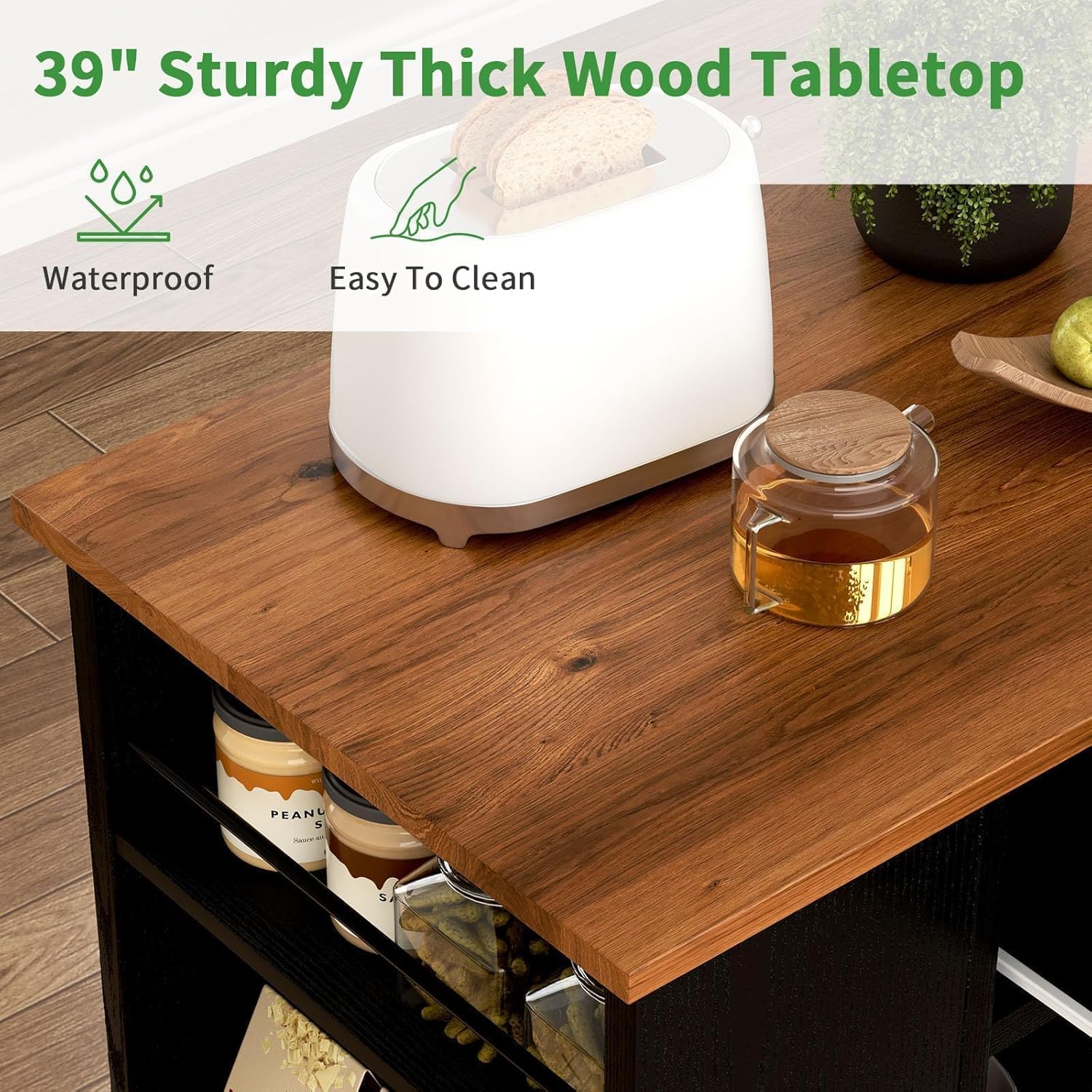 4 EVER WINNER Kitchen Island with Storage on Wheels, 39" Rolling Kitchen Island with 3 Open Spice Rack Shelf, Towel Rack & Open Shelves, Island Table for Kitchen with Drawer, Black