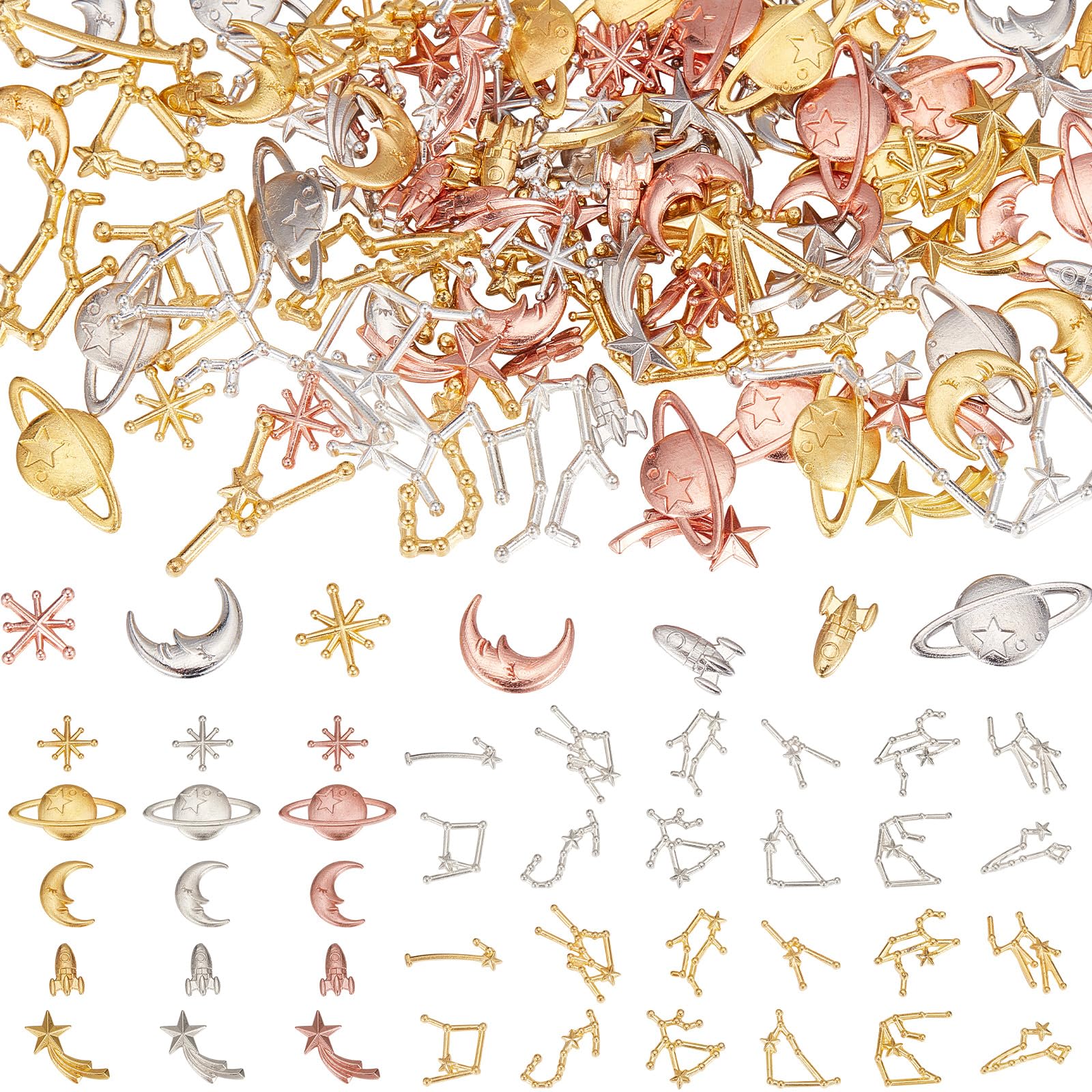 GORGECRAFT 1 Box 114PCS 17 Styles Cosmos Themed Resin Fillers Set Alloy Moon Star Planets Constellations Cabochons Epoxy Resin Accessories Filling Charms for Nail Decor Supplies Jewelry Making