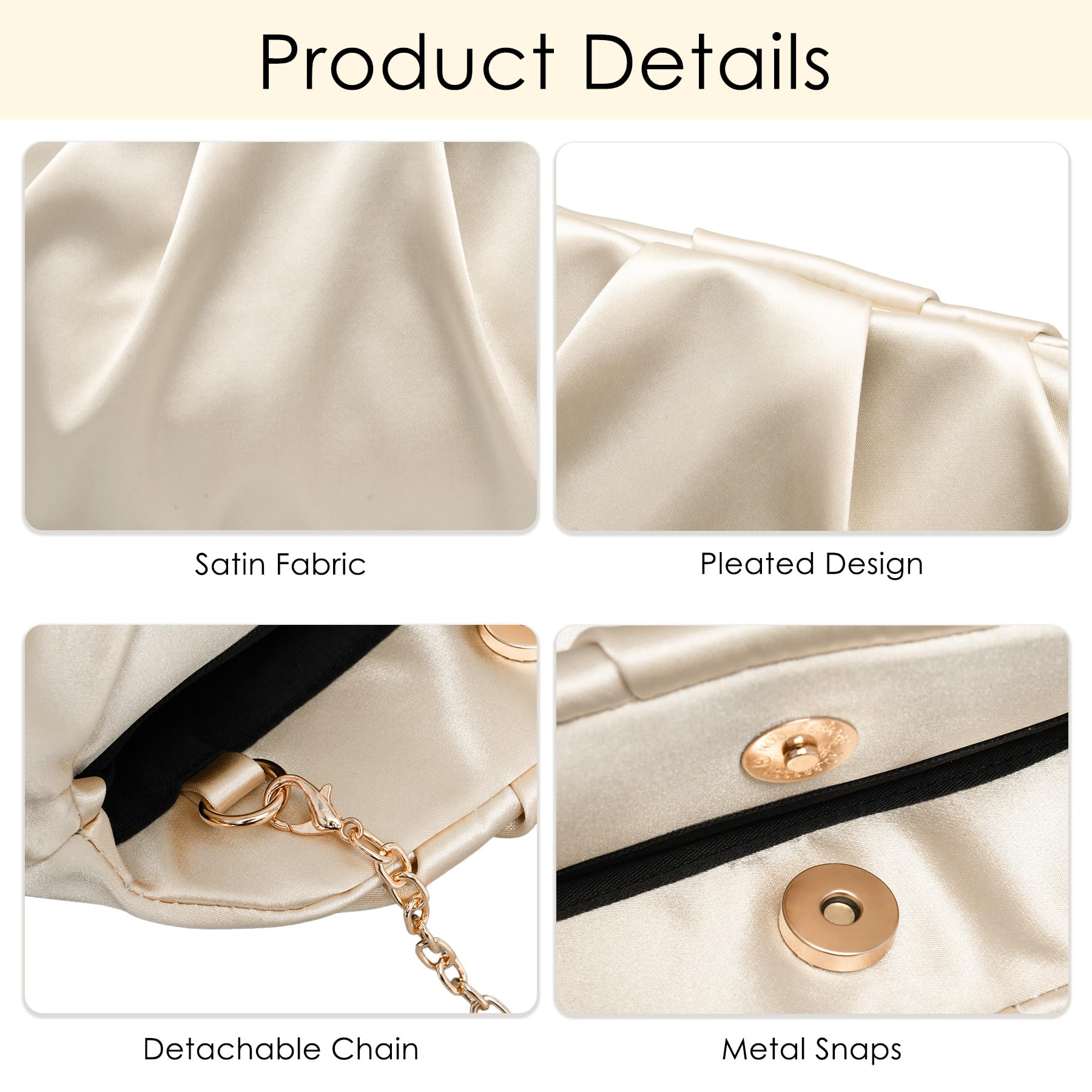 Larcenciel Pochettes et Clutches Femme, Pochette Femme Chic en Satin Champagne avec Design Plissé Élégant, Sac à Main pour Cérémonie Mariage & Soirée, Sac à Bandoulière avec Chaîne Détachable