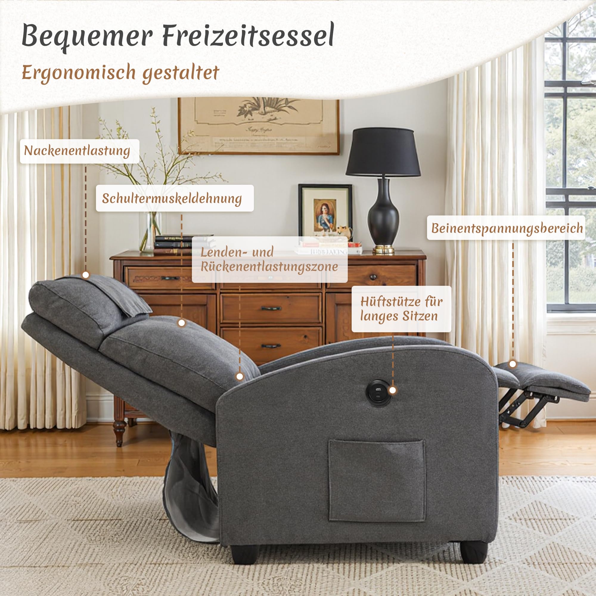 BonVache Relaxsessel, Fernsehsessel, Freizeitsessel mit USB- & Type-C-Ladeanschlüssen, verstellbare Rückenlehne und Fußstütze, Einzelsessel für Wohnzimmer, Schlafzimmer, Büro, Leinenstoff, Dunkelgrau