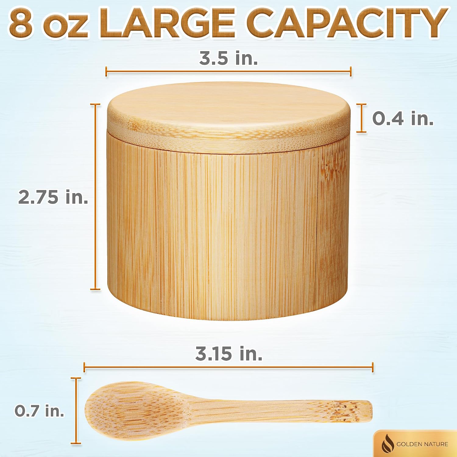 Salt Jar, Magnetic Swivel Lid, Spoon, Sea Salt Flake Holder, Bamboo Cellar