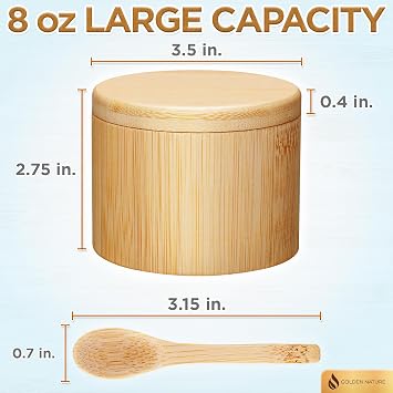 Salt Jar with Lid and Spoon - Sea Salt Flake Holder - Bamboo Cellar with Magnetic Swivel Lid & Built In Spoon Slot - Spice Container Storage Box for Countertop - Pepper Crock