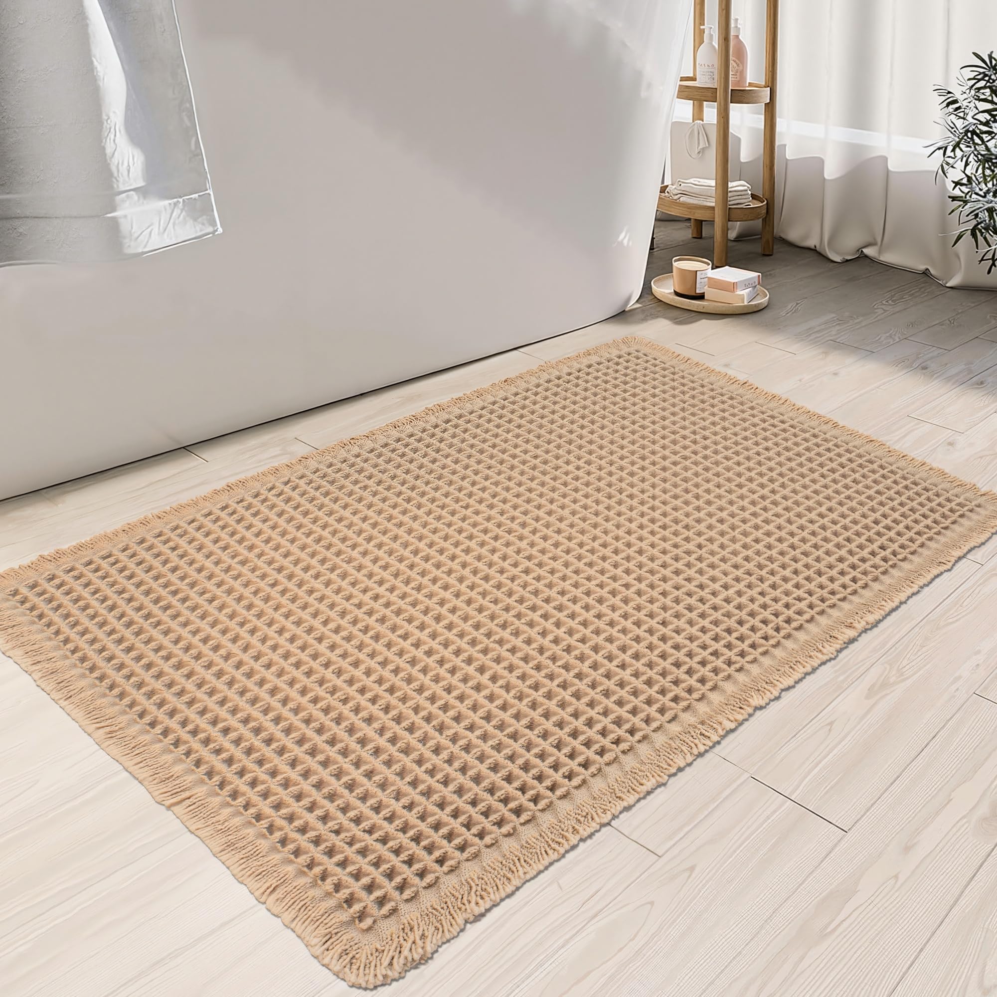 KOEXM Upgraded Waffle Bath Mat Super Absorbent Non Slip Boho Bath Mats for Bathroom Mat Machine Washable Bathroom Rugs with Tassels Rubber Backed