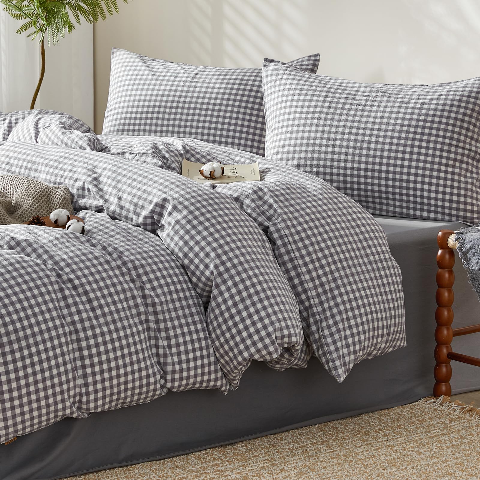 SAPHREAS Grey Gingham Duvet Cover Set 100% Washed Cotton Double Size 3Pcs Check Modern Grid Bedding Soft Plaid 1 Yarn-dyed Duvet Quilt Cover with Zipper 2 Pillowcases, Duvet Insert Not Included — image 1