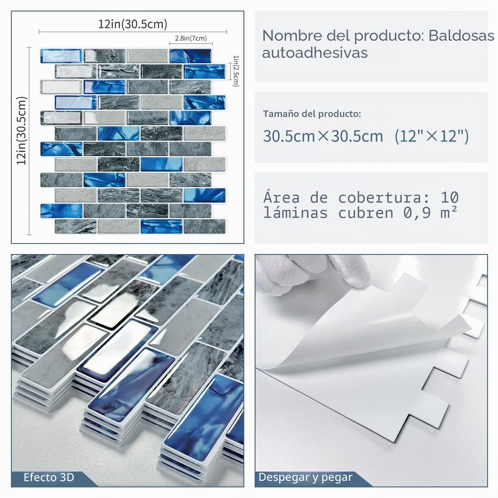 Azulejos 3d Baldosas Adhesivas Cocina Pared Autocolantes Azulejo Adhesivo Azules (10-Piezas,30.5 x 30.5cm)