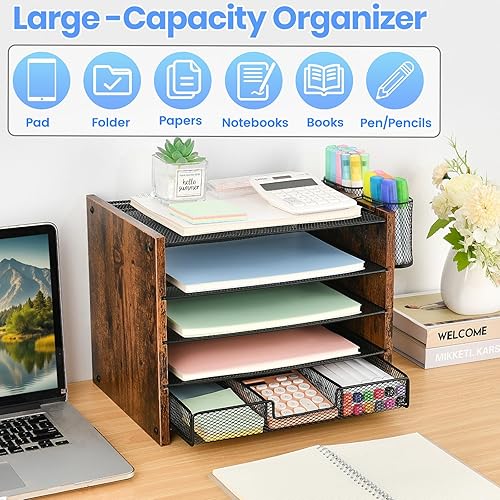 Miniatura 6 de OPNCIE - Organizador de escritorio y accesorios, organizador de archivos de papel de 5 niveles con cajón y 2 soportes para bolígrafos, accesorios de