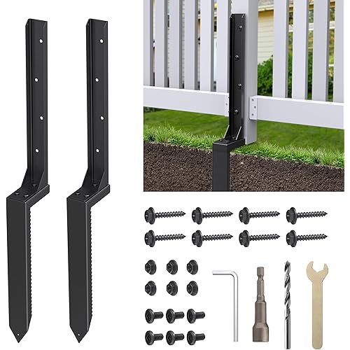 Fence Post Repair Kit 2 Pack, Heavy Duty Fence Post Anchor for Wooden Post, Repair Tilted,Fix Broken Wood Support, Steel Ground Spike Fencing Stakes (Black)